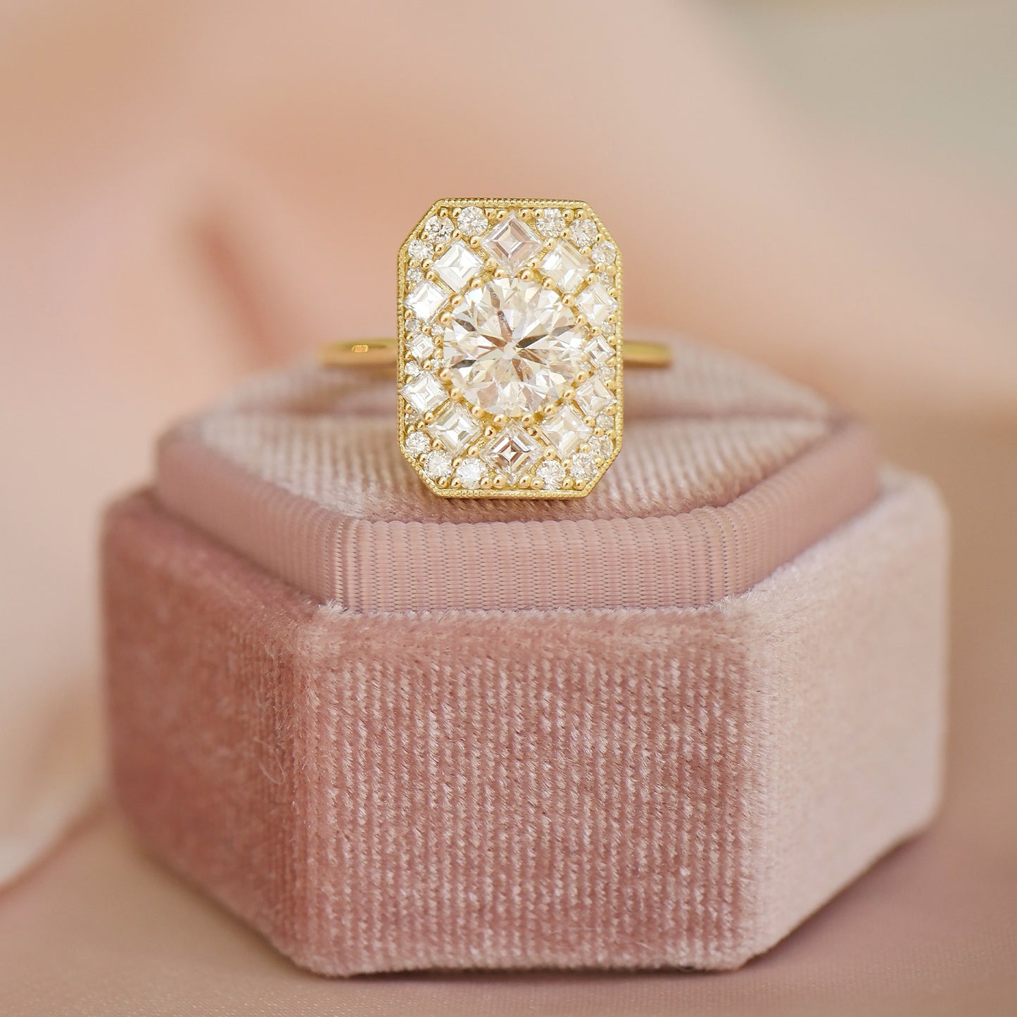 Custom Emerald Shape Carre & Oval Diamond Mosaic Ring