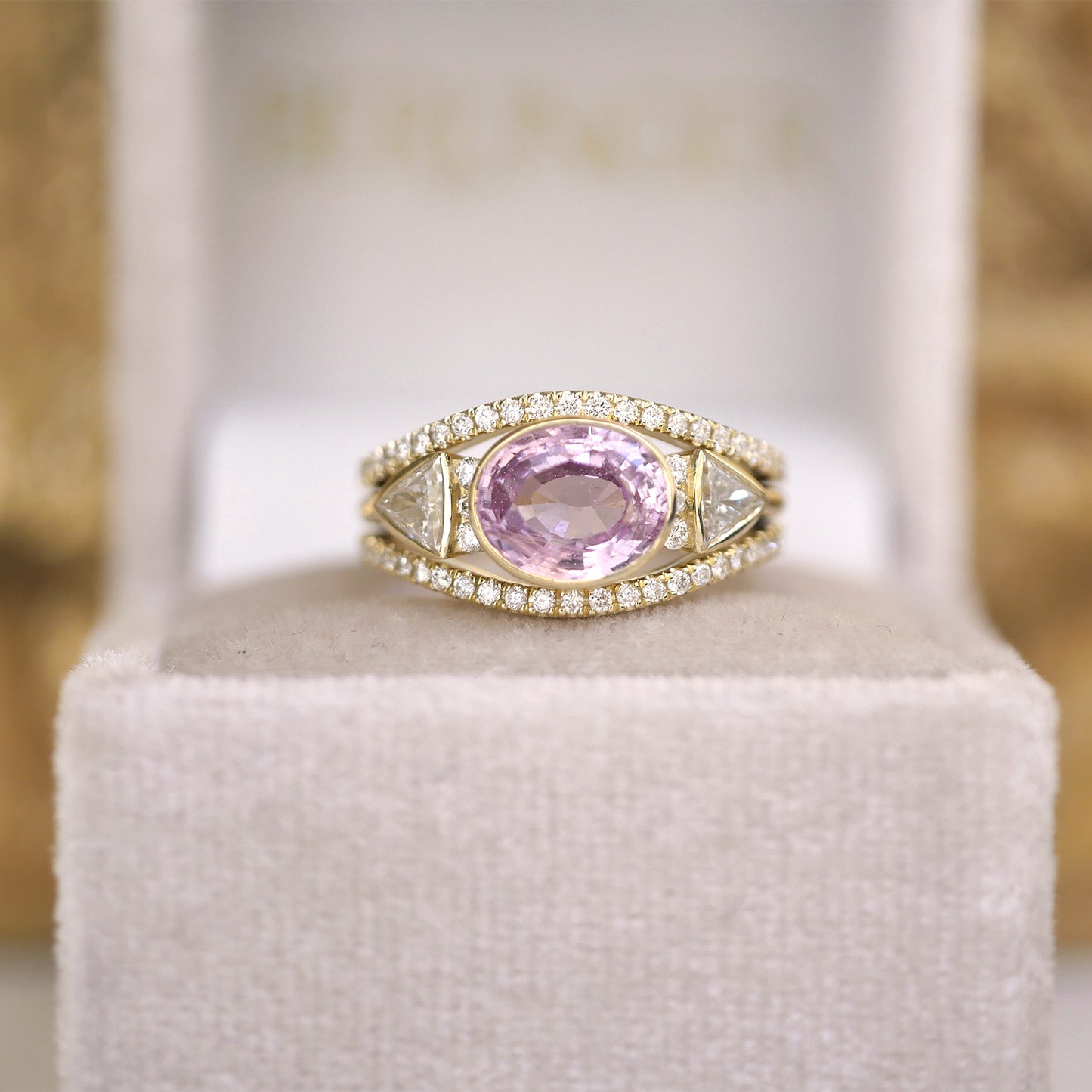 Oval Pink Sapphire & Trillion Diamond Stacking Ring Set
