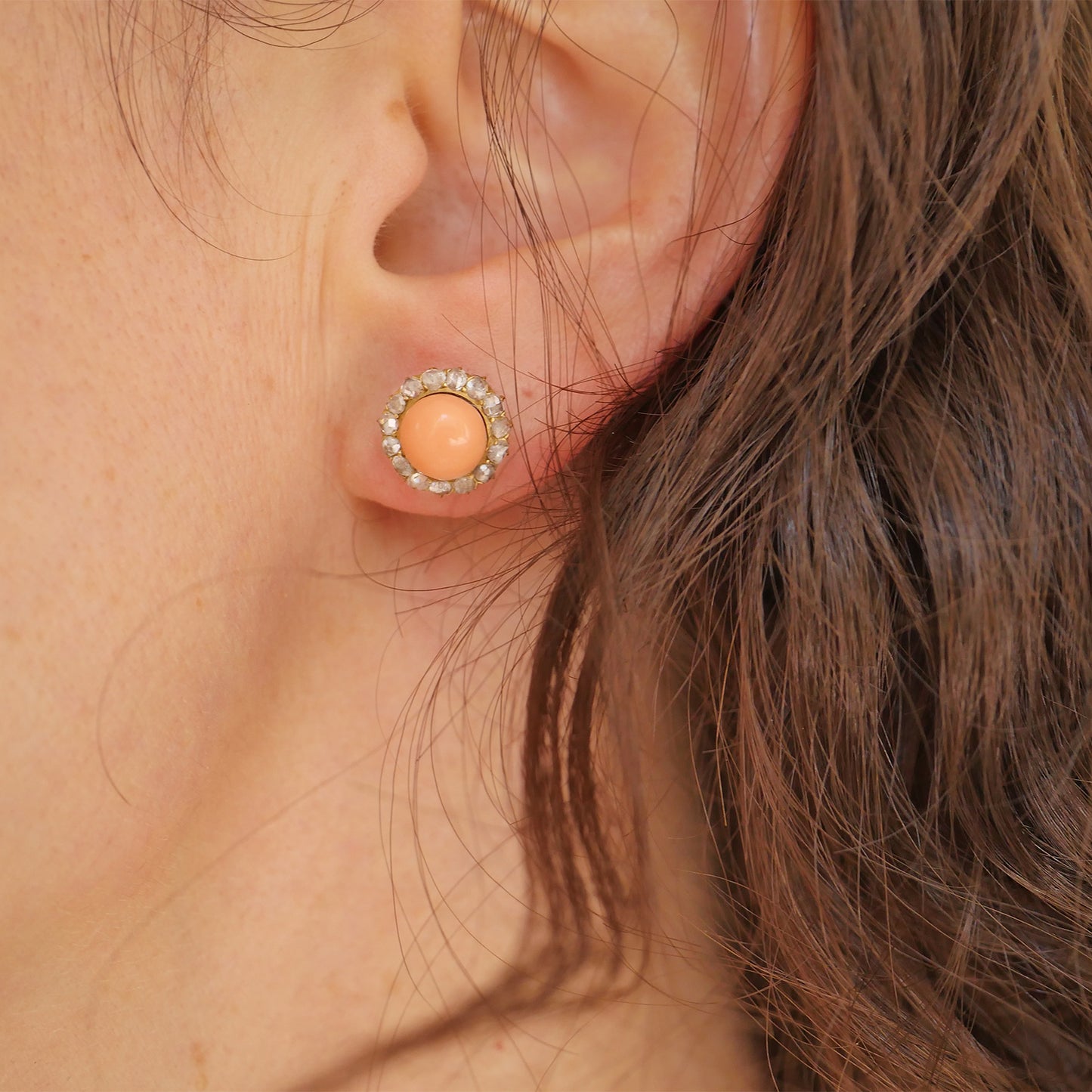 Antique Coral Diamond Halo Earrings