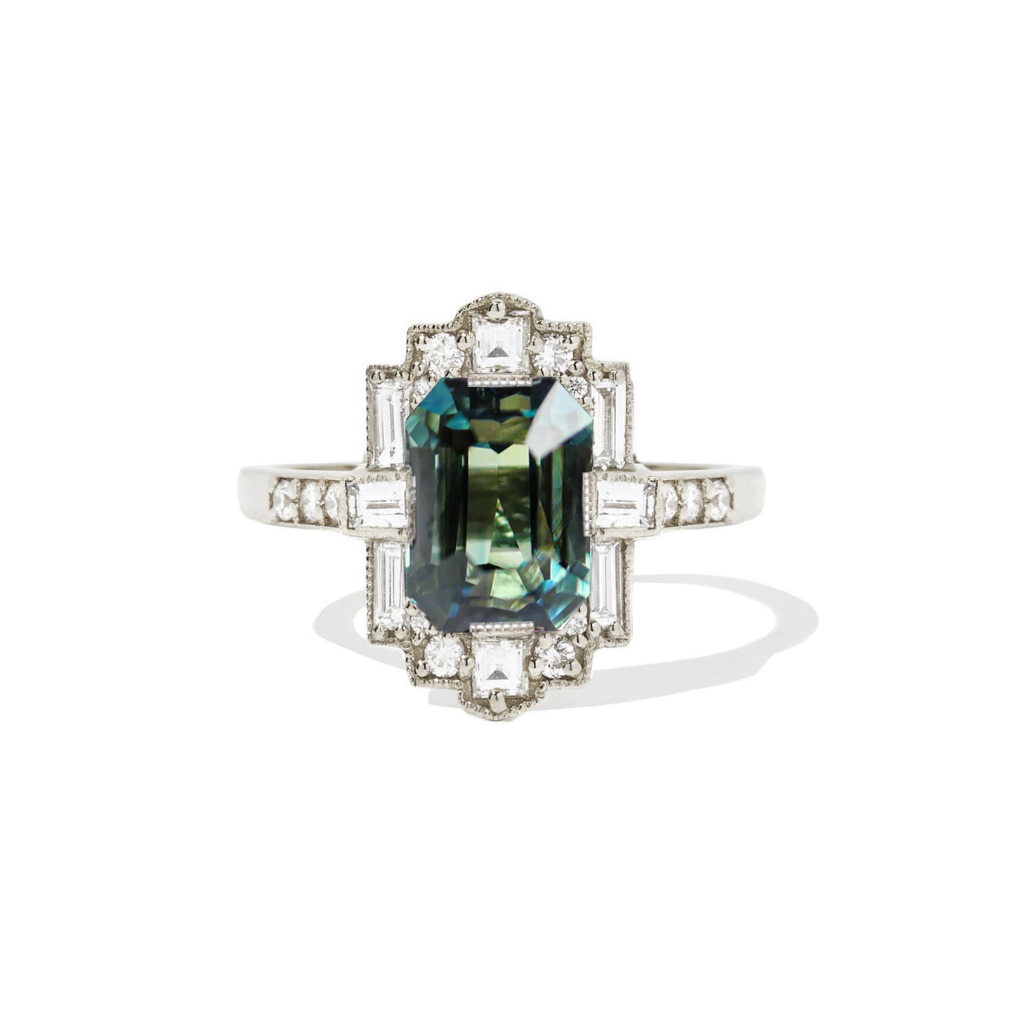 Blue Green Emerald Cut Sapphire Deco Halo Engagement Ring
