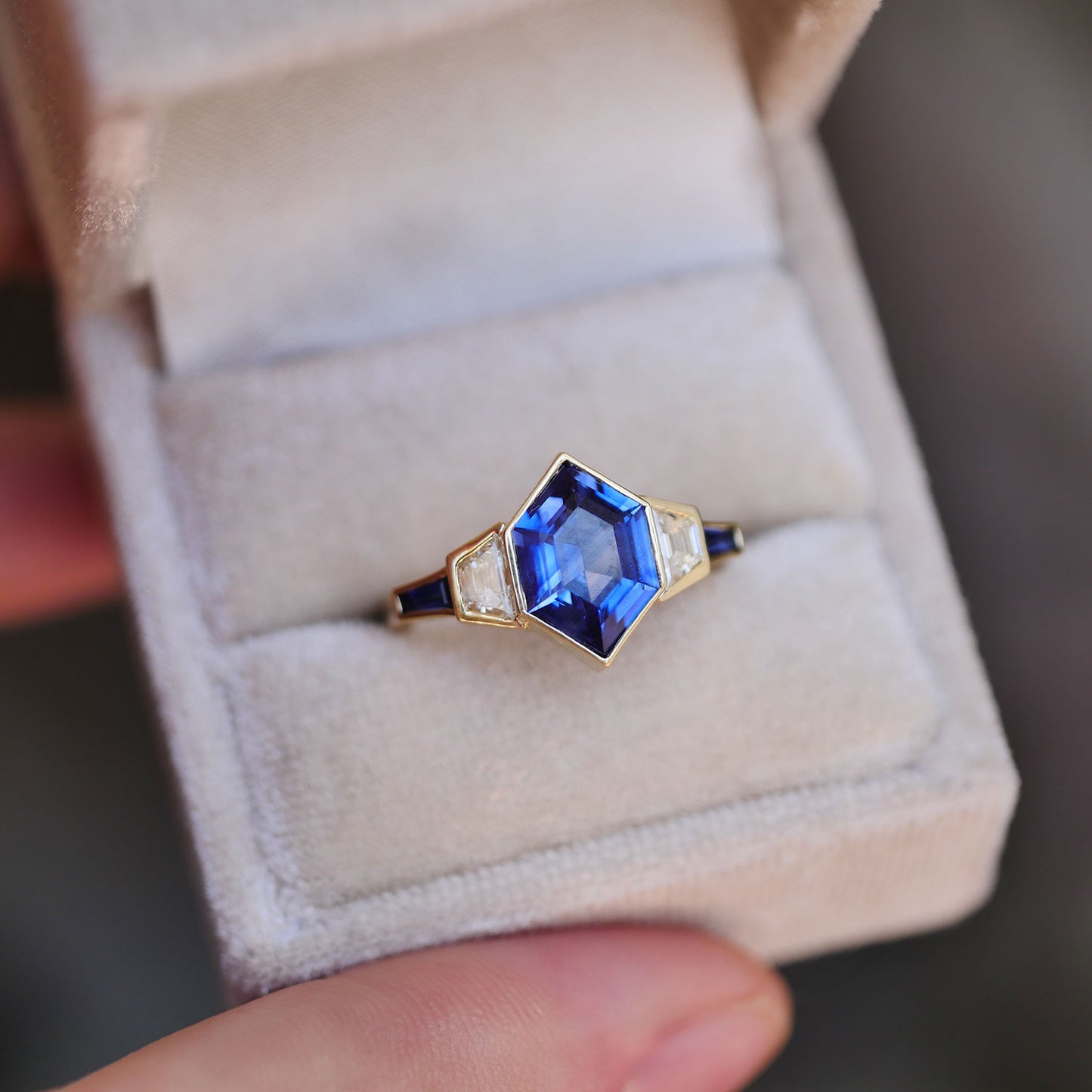 Hexagon Blue Sapphire & Tapered Baguette Diamond Ring