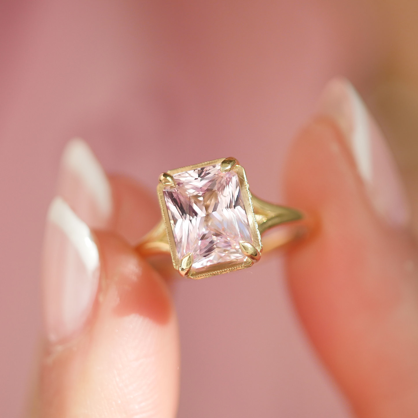 Split Shank Light Pink Radiant Cut Sapphire Solitaire