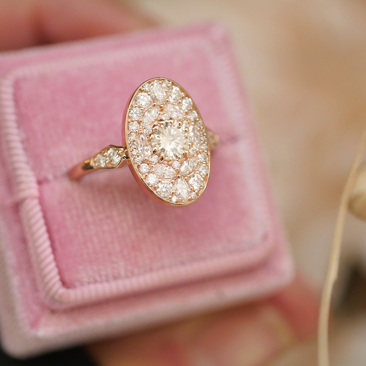 Rose Gold Oval Shape Marquise and Round Brilliant Cut Diamond Mosaic Ring