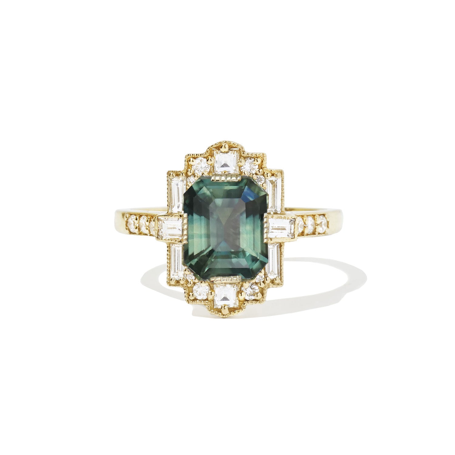 Teal Emerald Cut Sapphire Deco Halo Diamond Ring (2.17 ctw. center)