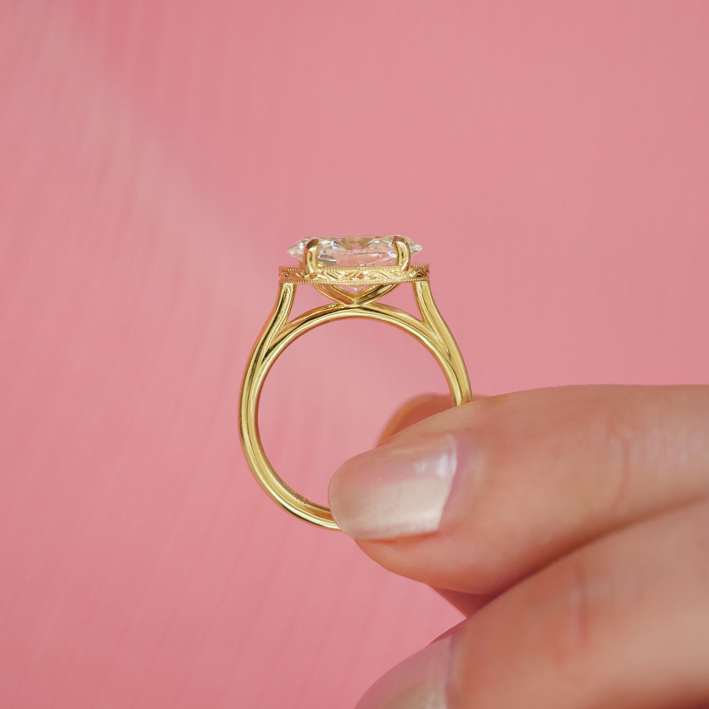 Custom East West Oval Diamond Ring w/ Milgrain Border & Hand Engraved Basket