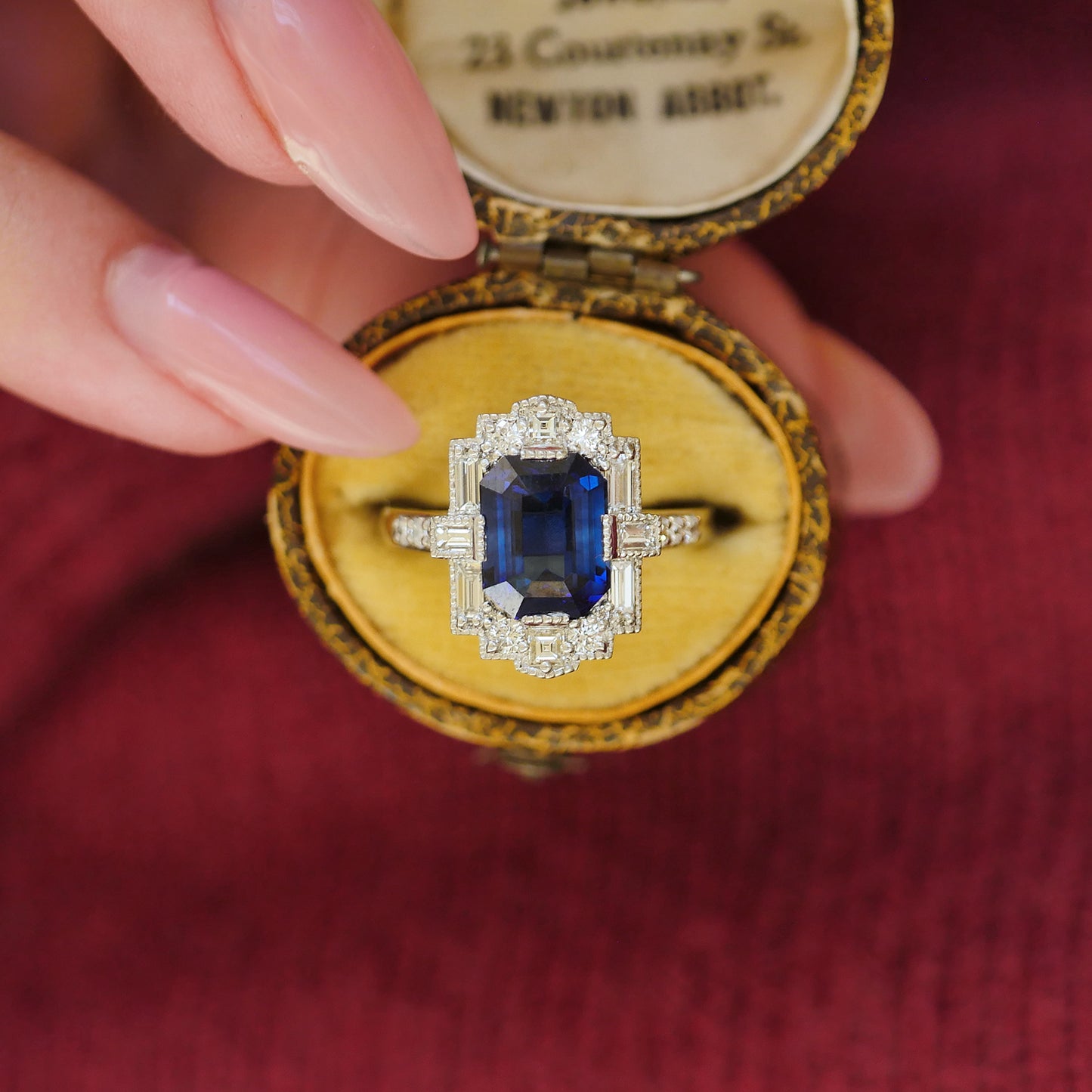 Ceylon Sapphire Deco Emerald Cut Diamond Mosaic Ring