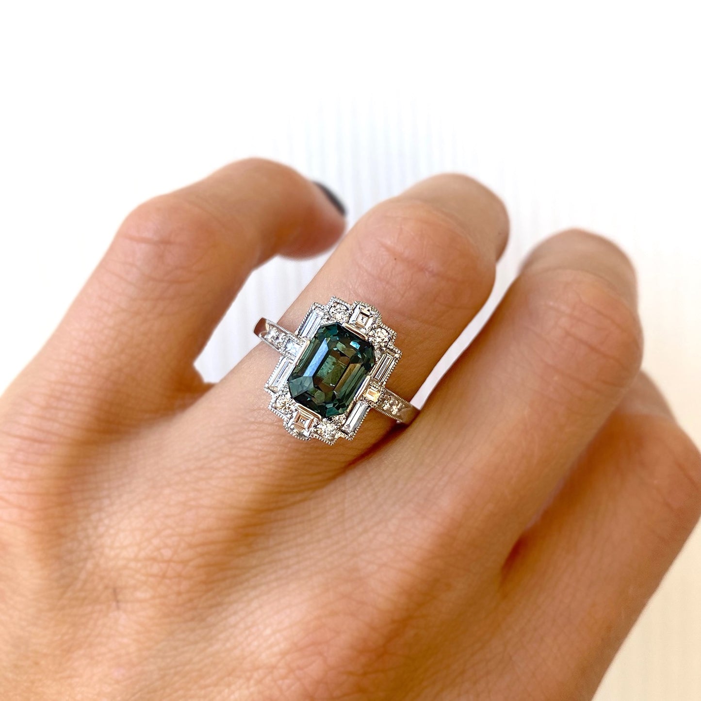 Blue Green Emerald Cut Sapphire Deco Halo Engagement Ring