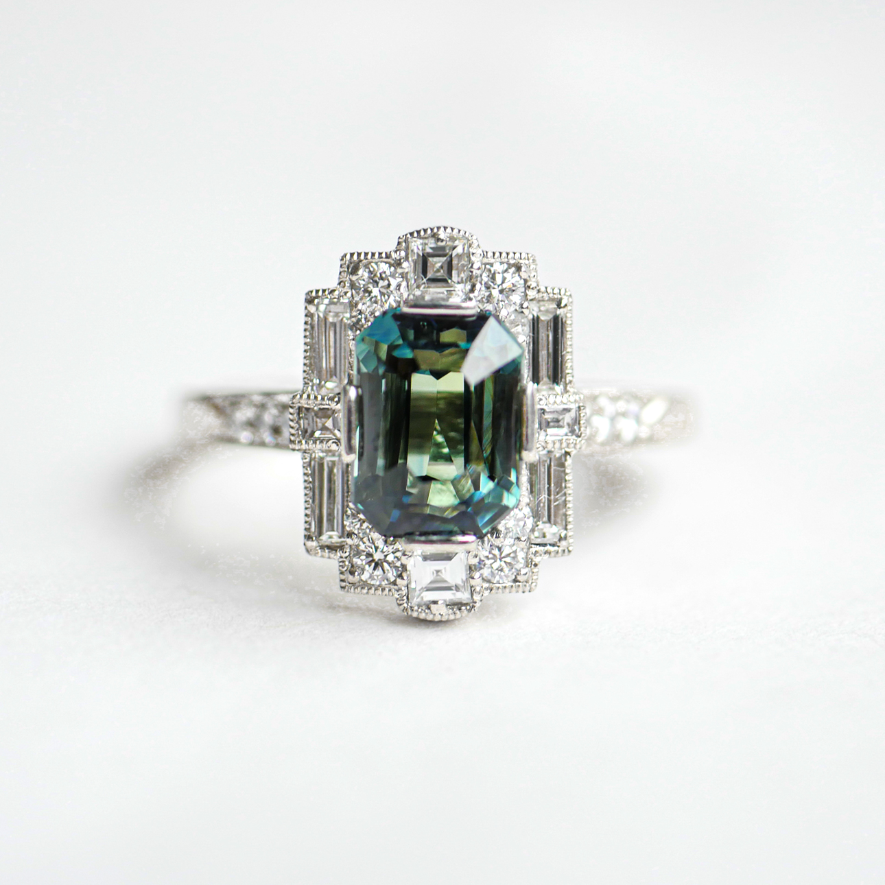 Blue Green Emerald Cut Sapphire Deco Halo Engagement Ring