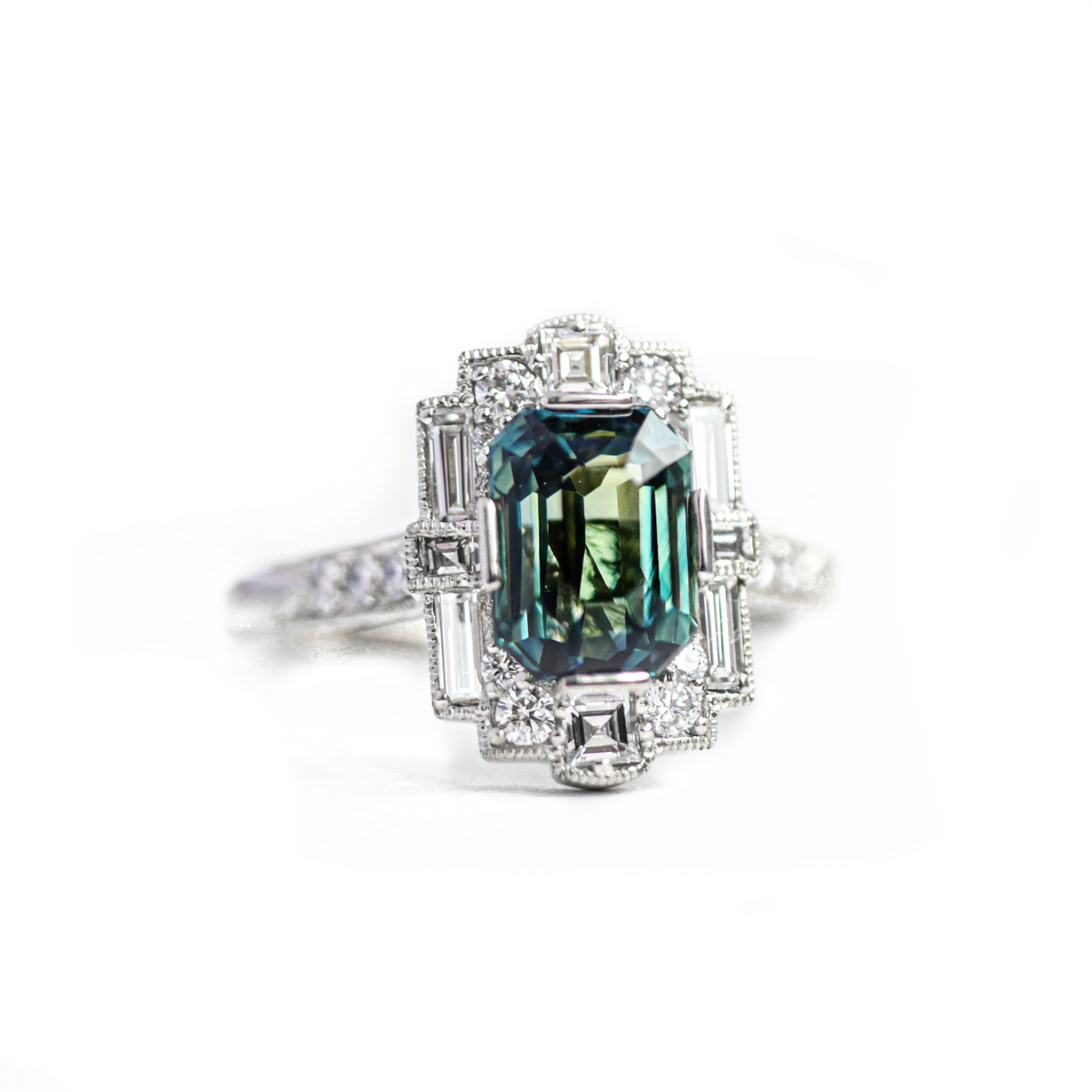 Blue Green Emerald Cut Sapphire Deco Halo Engagement Ring
