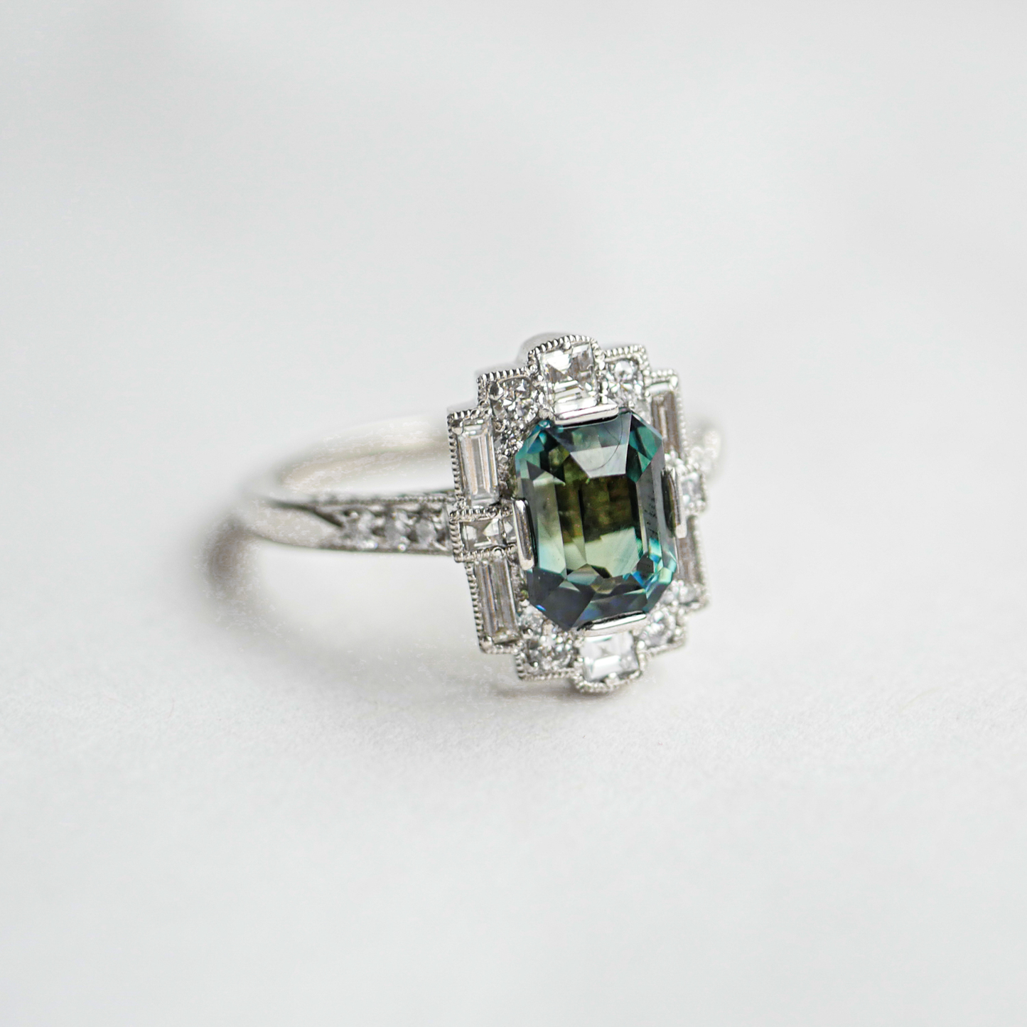 Blue Green Emerald Cut Sapphire Deco Halo Engagement Ring