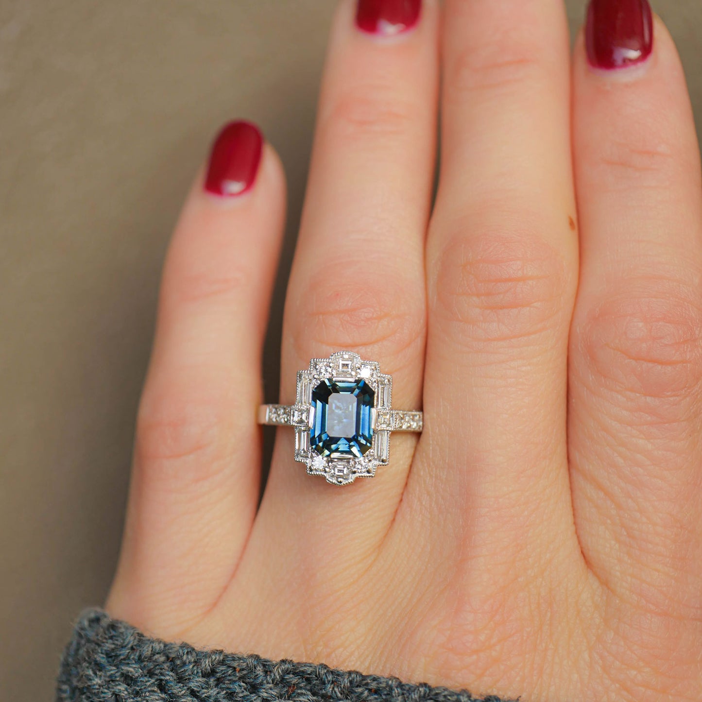Emerald Cut Teal Sapphire Deco Halo Engagement Ring