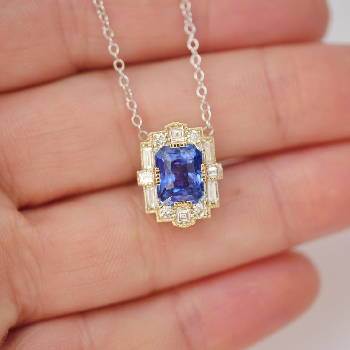 Deco Emerald Cut Sapphire Diamond Mosaic Pendant