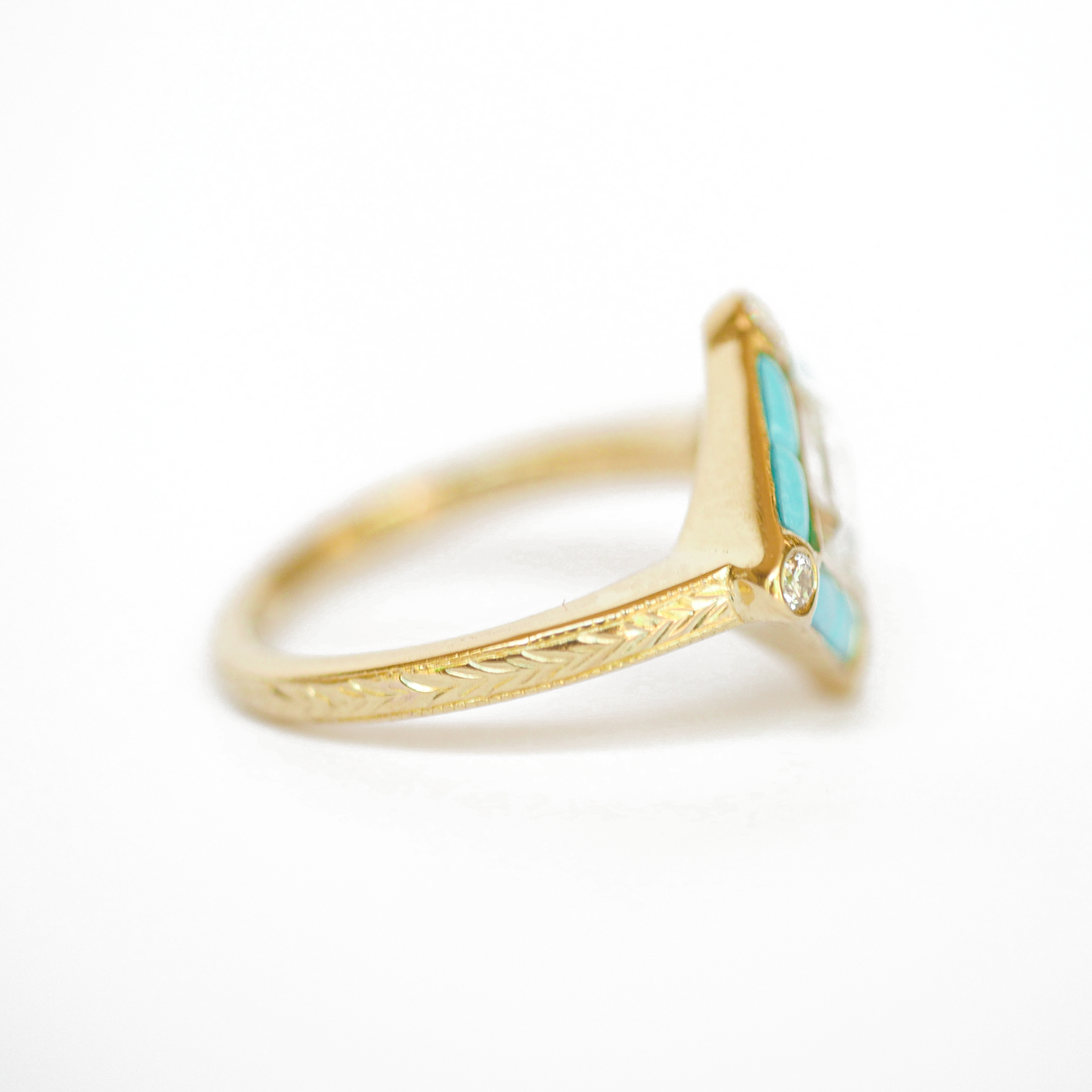 Rose Cut Kite Shaped Diamond Ring with Turquoise Halo