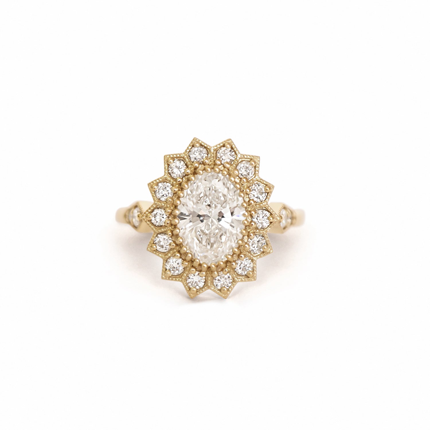 Custom Oval Diamond Mosaic Sunflower Ring 2.00 ctw. center