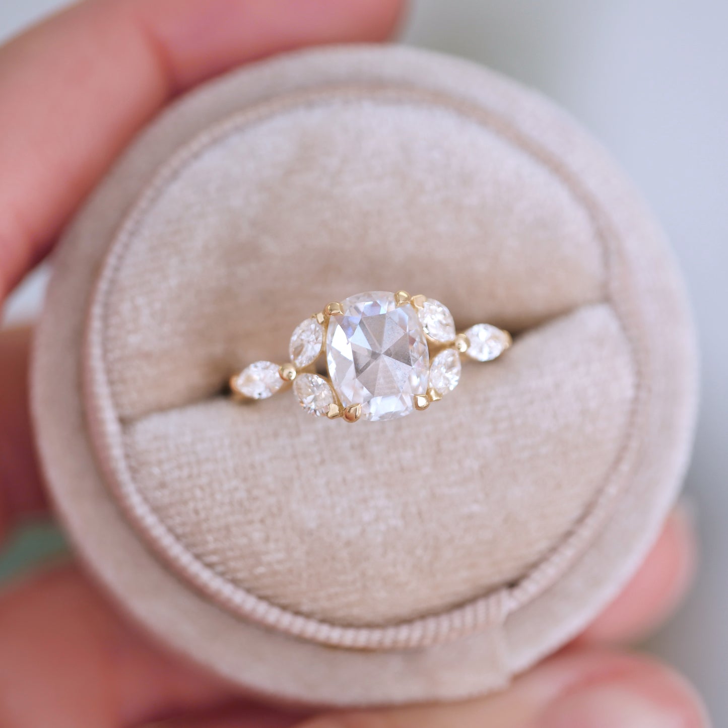 Antique Cushion Rose Cut Moissanite & Marquise Diamond Ring