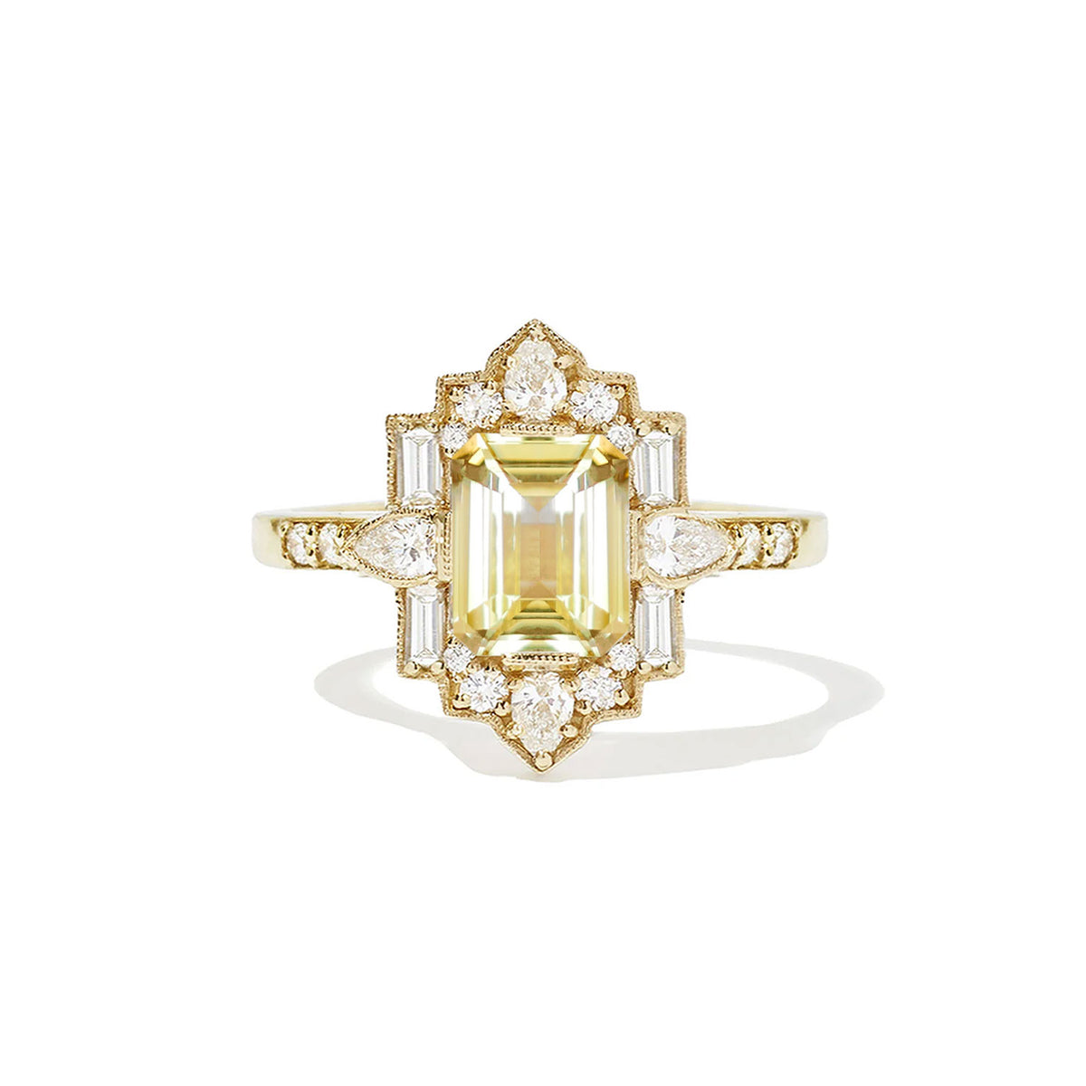 Yellow Sapphire Deco Emerald & Pear Diamond Mosaic Ring