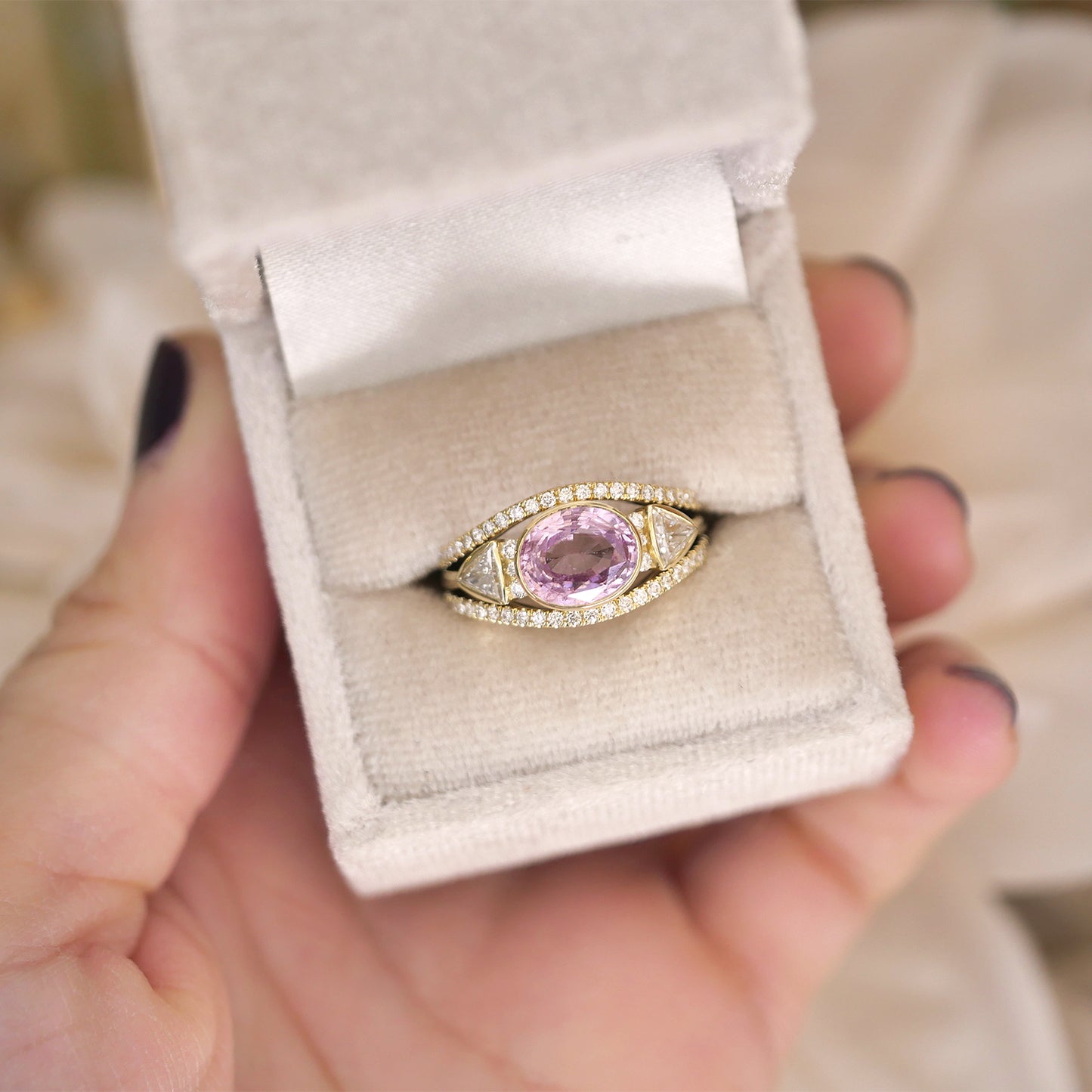 Oval Pink Sapphire & Trillion Diamond Stacking Ring Set