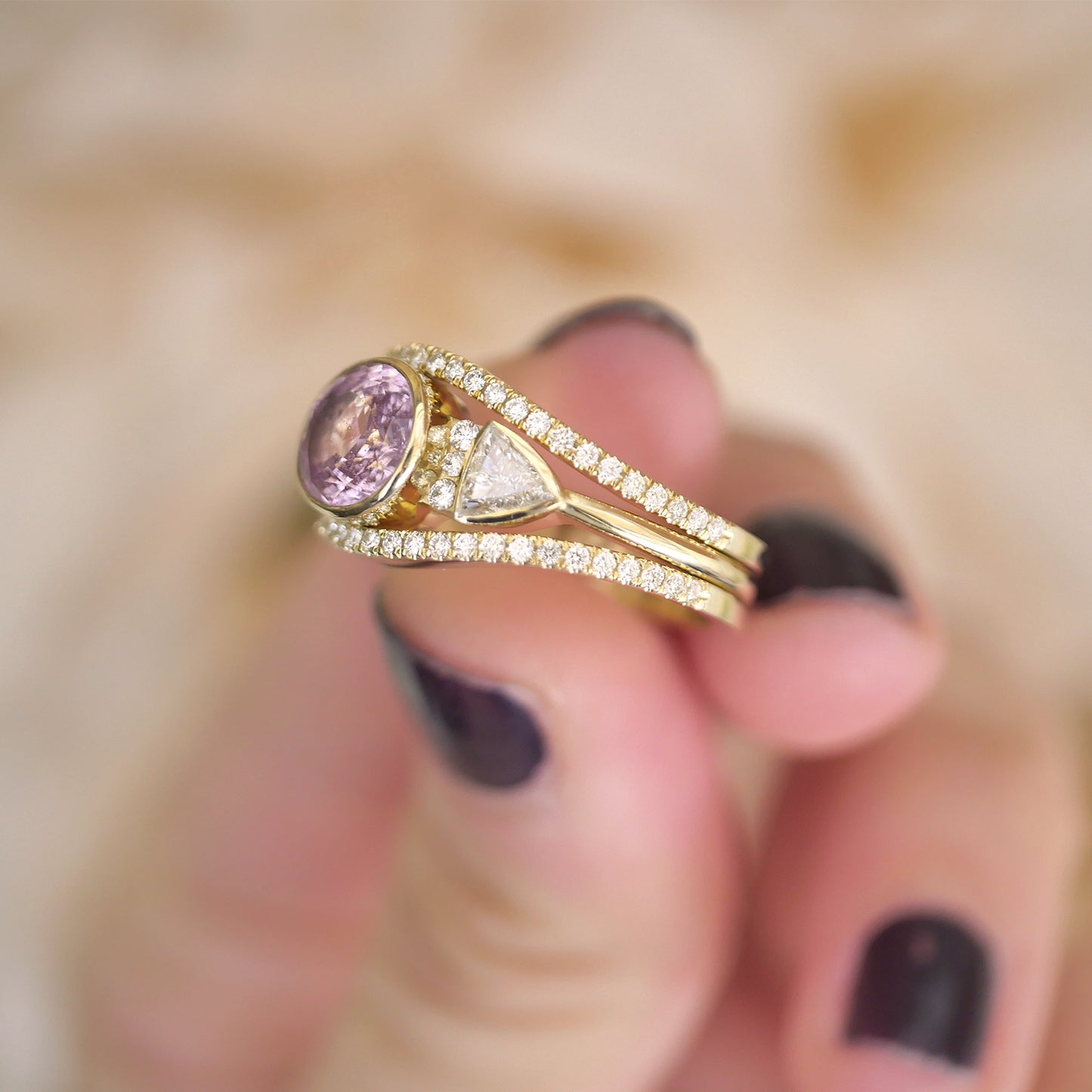 Oval Pink Sapphire & Trillion Diamond Stacking Ring Set