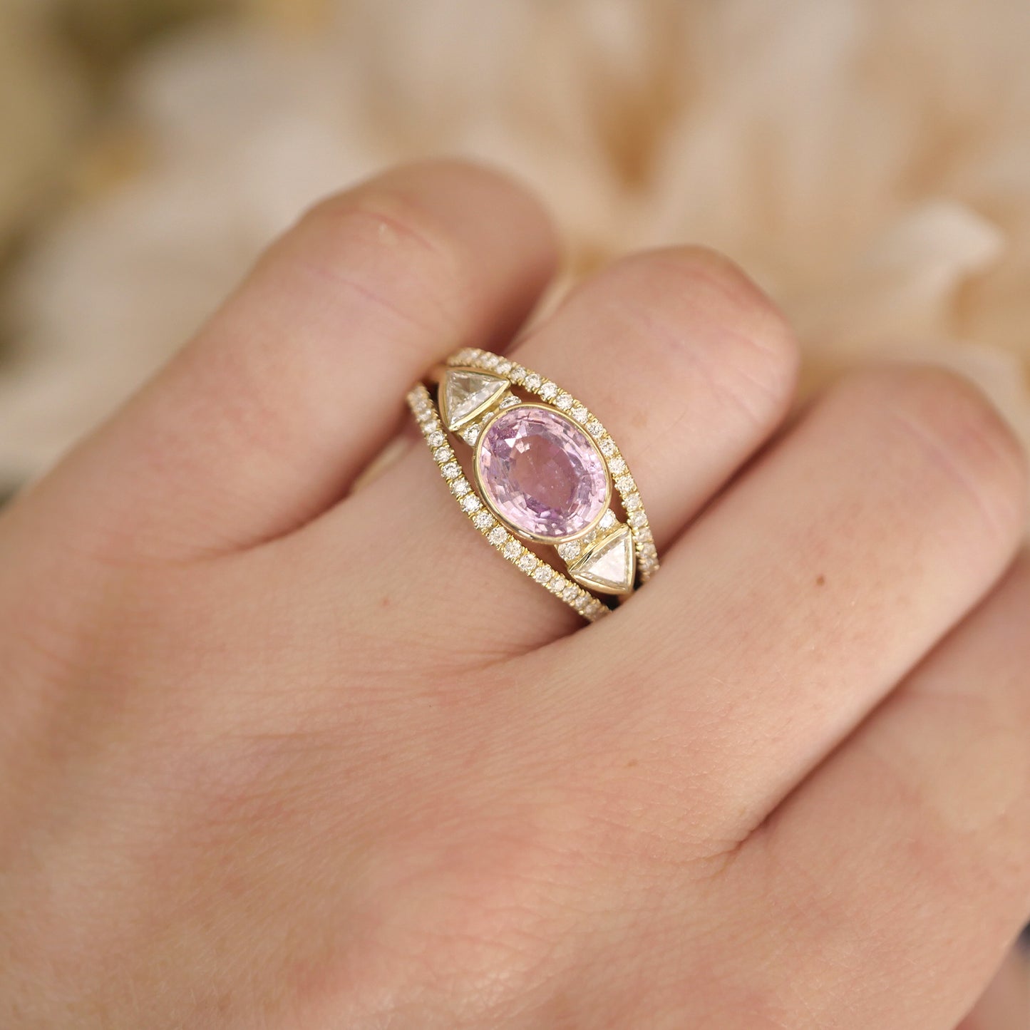 Oval Pink Sapphire & Trillion Diamond Stacking Ring Set