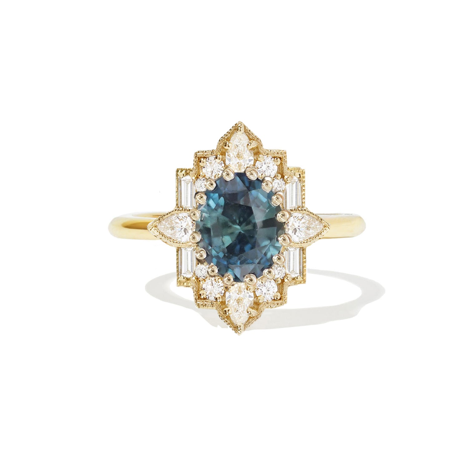 Teal Sapphire Oval Deco Emerald & Pear Diamond Mosaic Ring