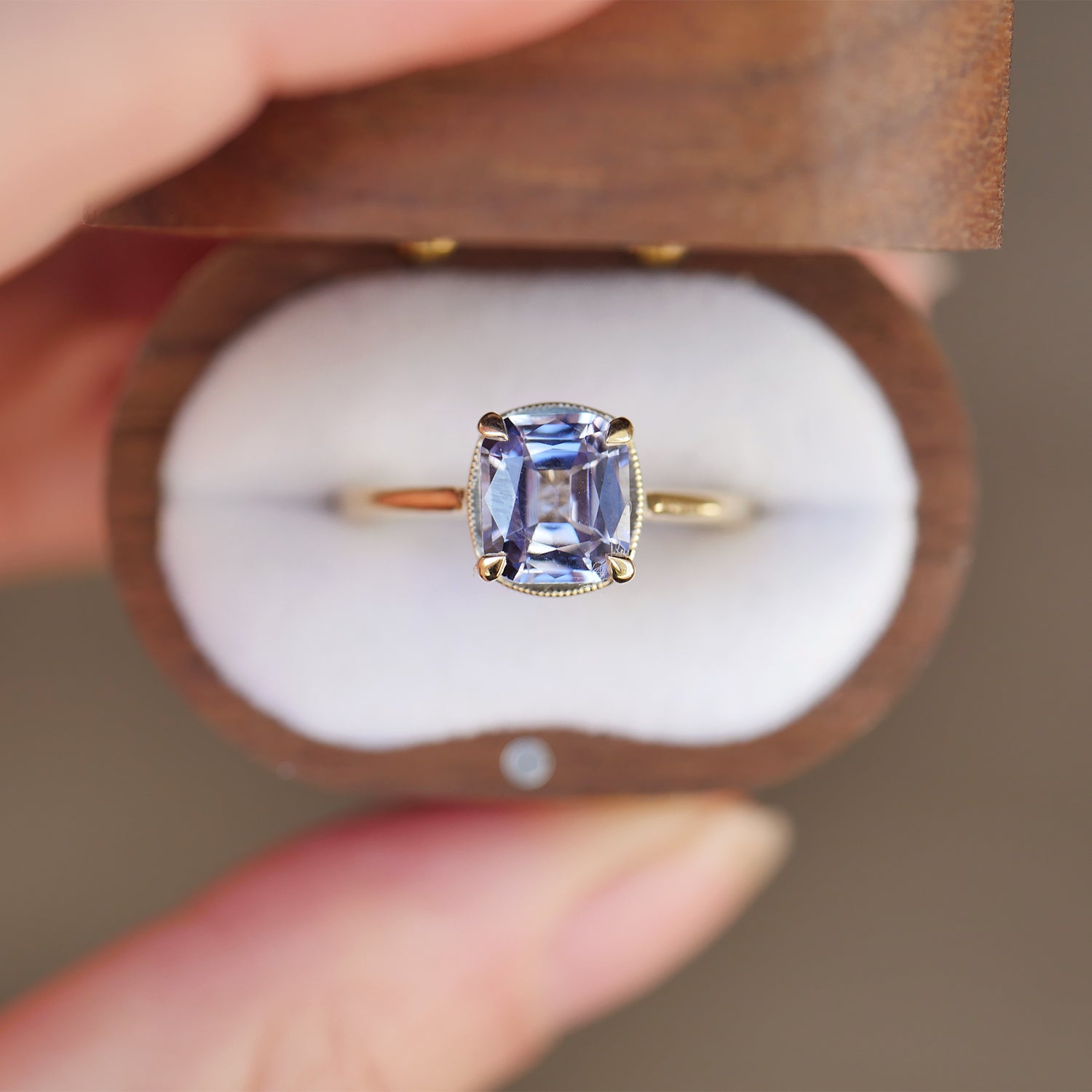 vintage wood box with antique inspired sapphire solitaire engagement ring