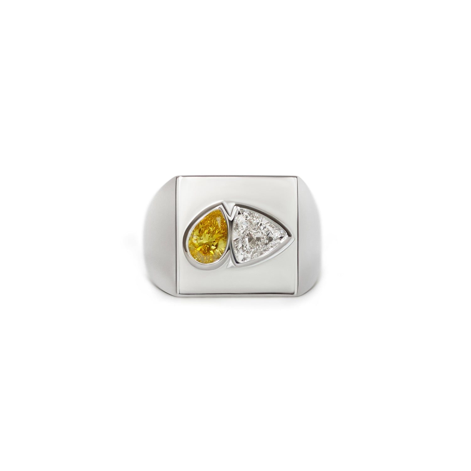 Custom Yellow Pear Shaped and Trillion Diamond Signet Ring