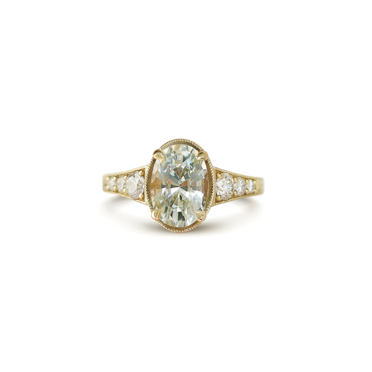 Custom Oval Mint Sapphire and Diamond Ring