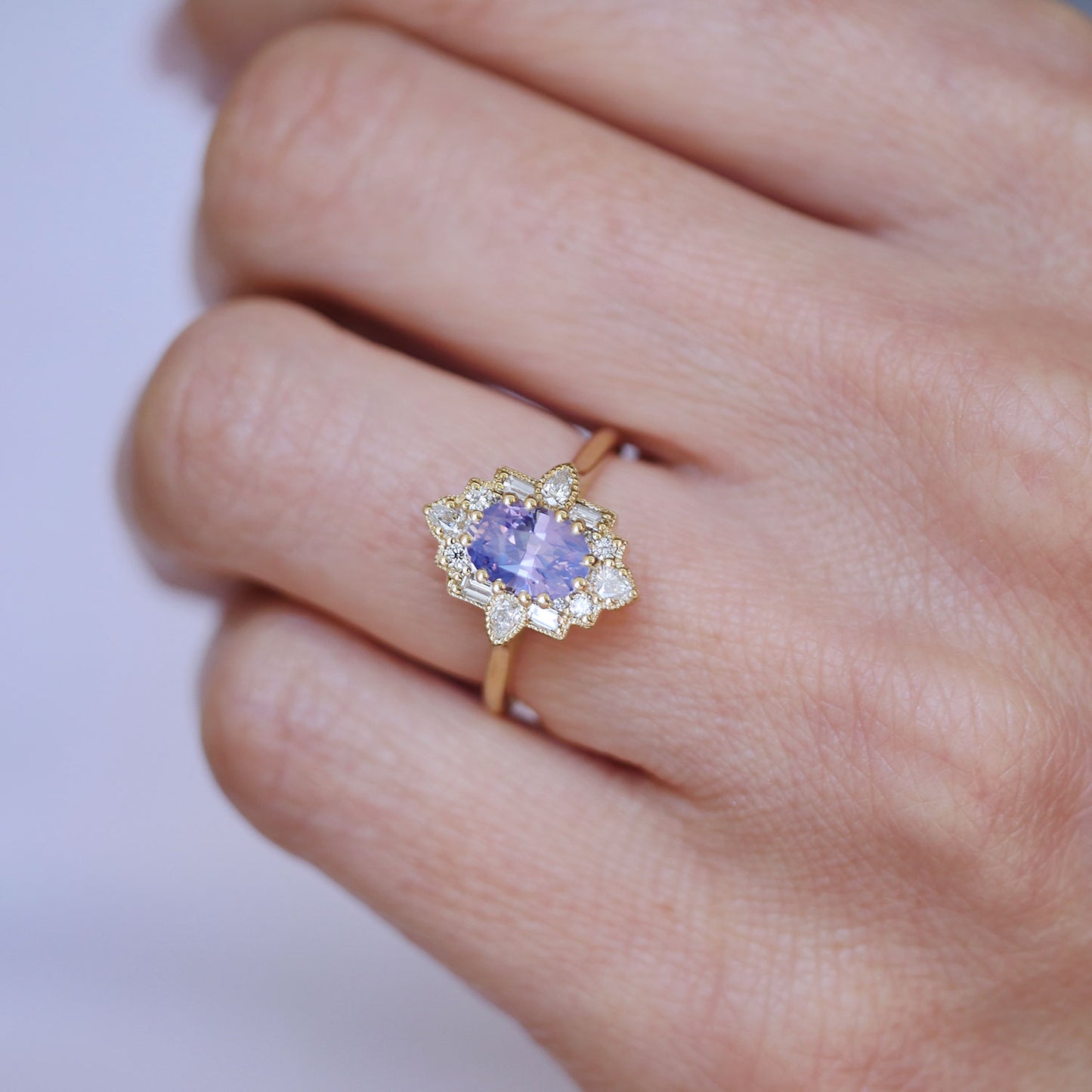 Opalescent Purple Sapphire Deco Emerald & Pear Diamond Mosaic Ring