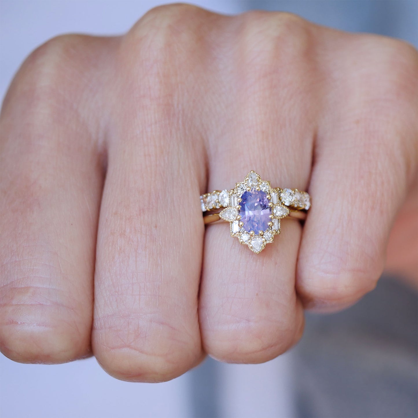 Opalescent Purple Sapphire Deco Emerald & Pear Diamond Mosaic Ring