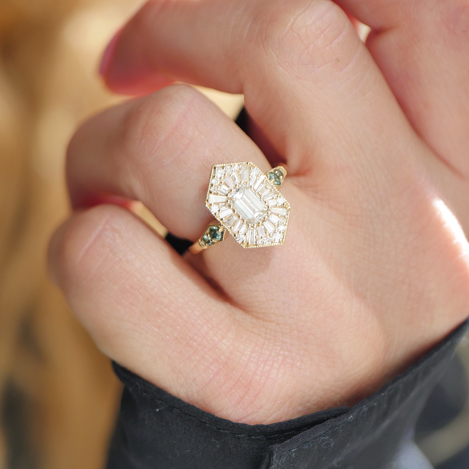 Elongated Hexagon Emerald and Sapphire Ballerina Ring
