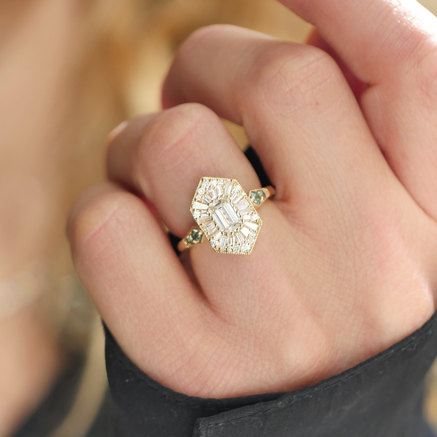 Elongated Hexagon Emerald and Sapphire Ballerina Ring