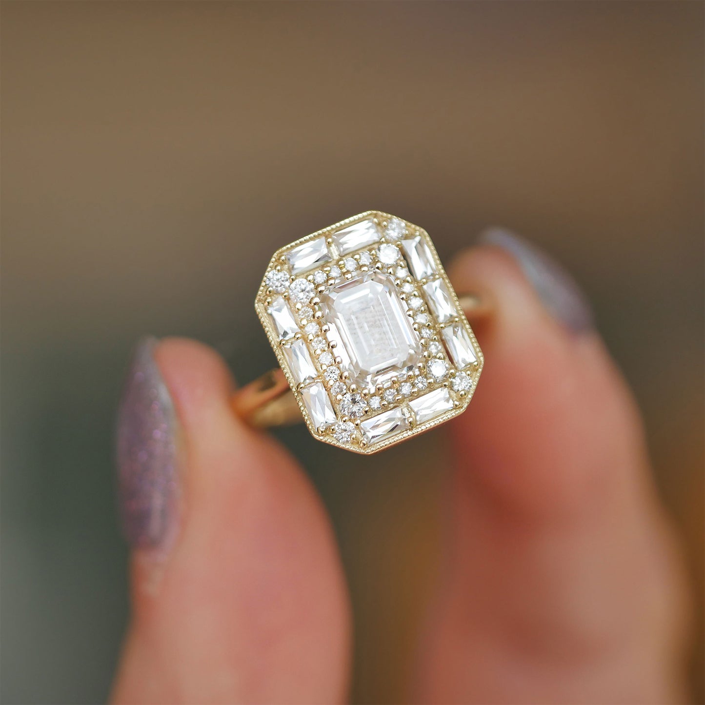 Emerald & French Cut Baguette Diamond Mosaic Ring