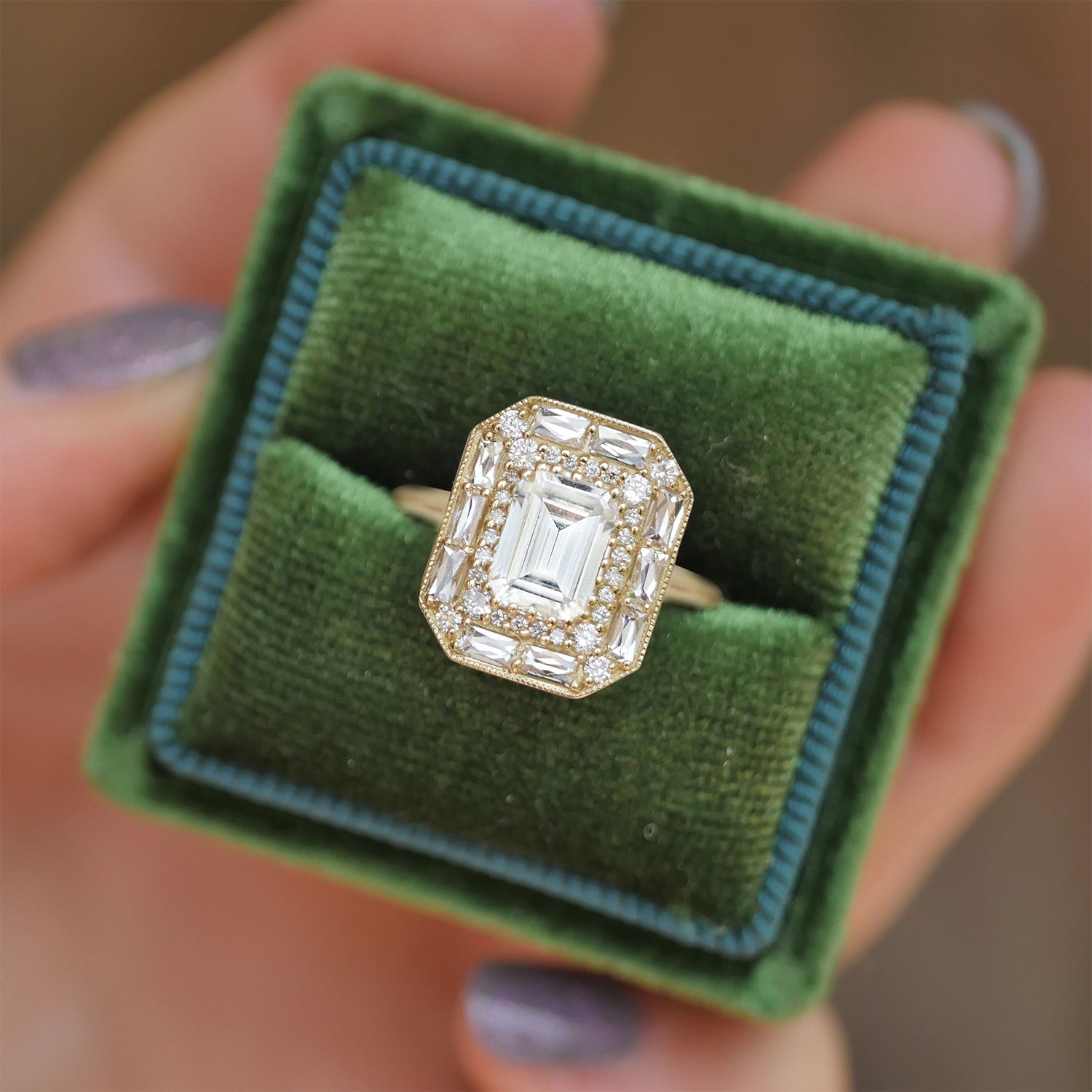 Emerald & French Cut Baguette Diamond Mosaic Ring