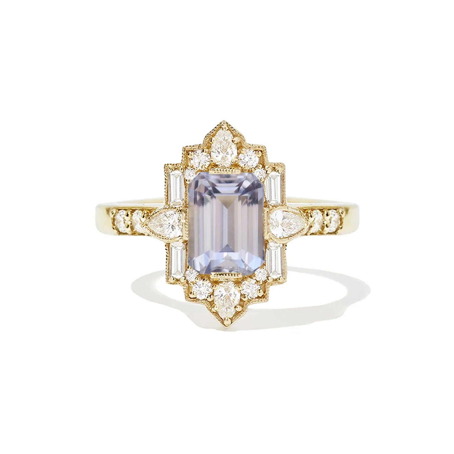 Lavender Sapphire Deco Emerald & Pear Diamond Mosaic Ring