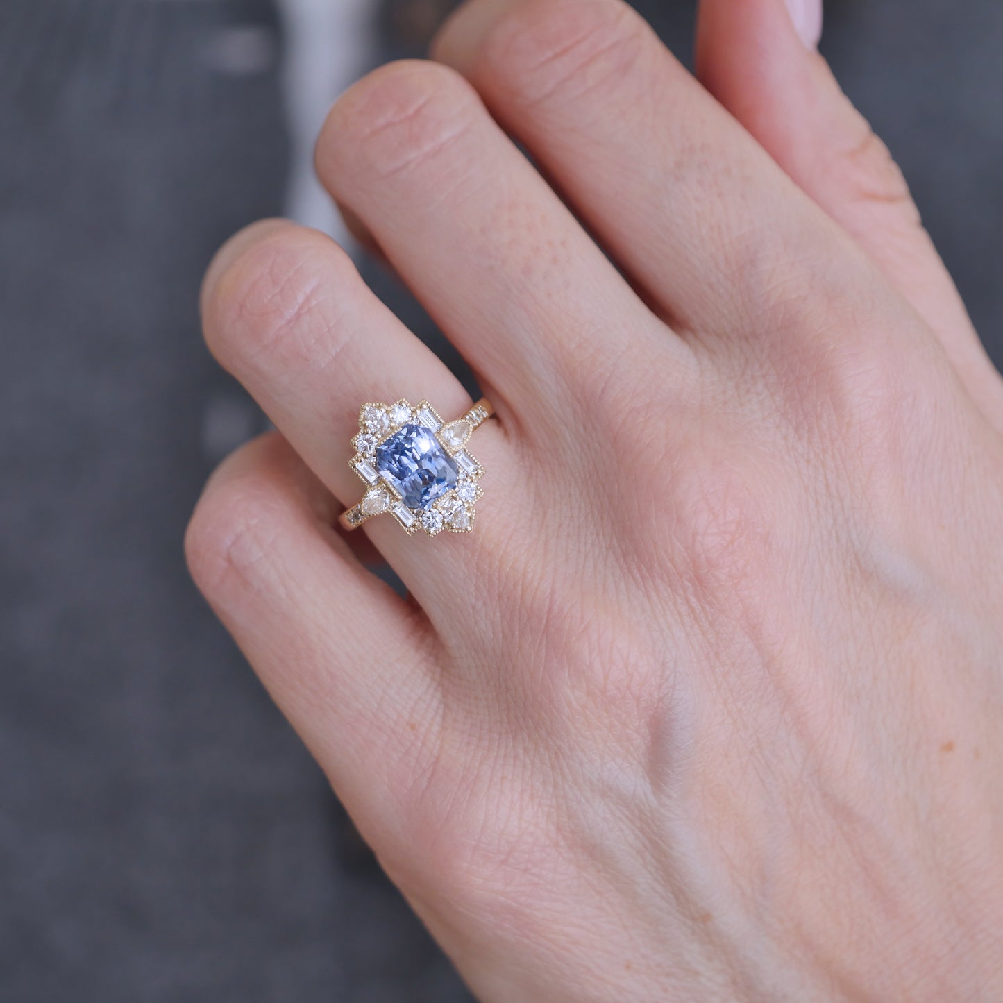 Cornflower Blue Sapphire Deco Emerald & Pear Diamond Mosaic Ring