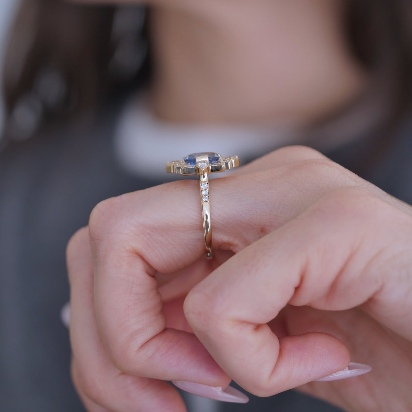 Cornflower Blue Sapphire Deco Emerald & Pear Diamond Mosaic Ring