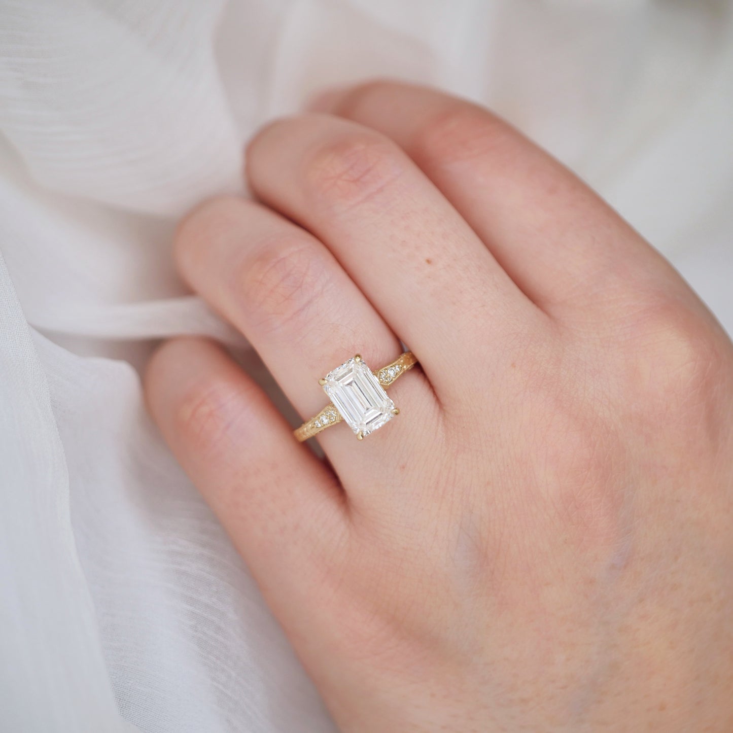 Plumeria Emerald Cut Diamond Ring