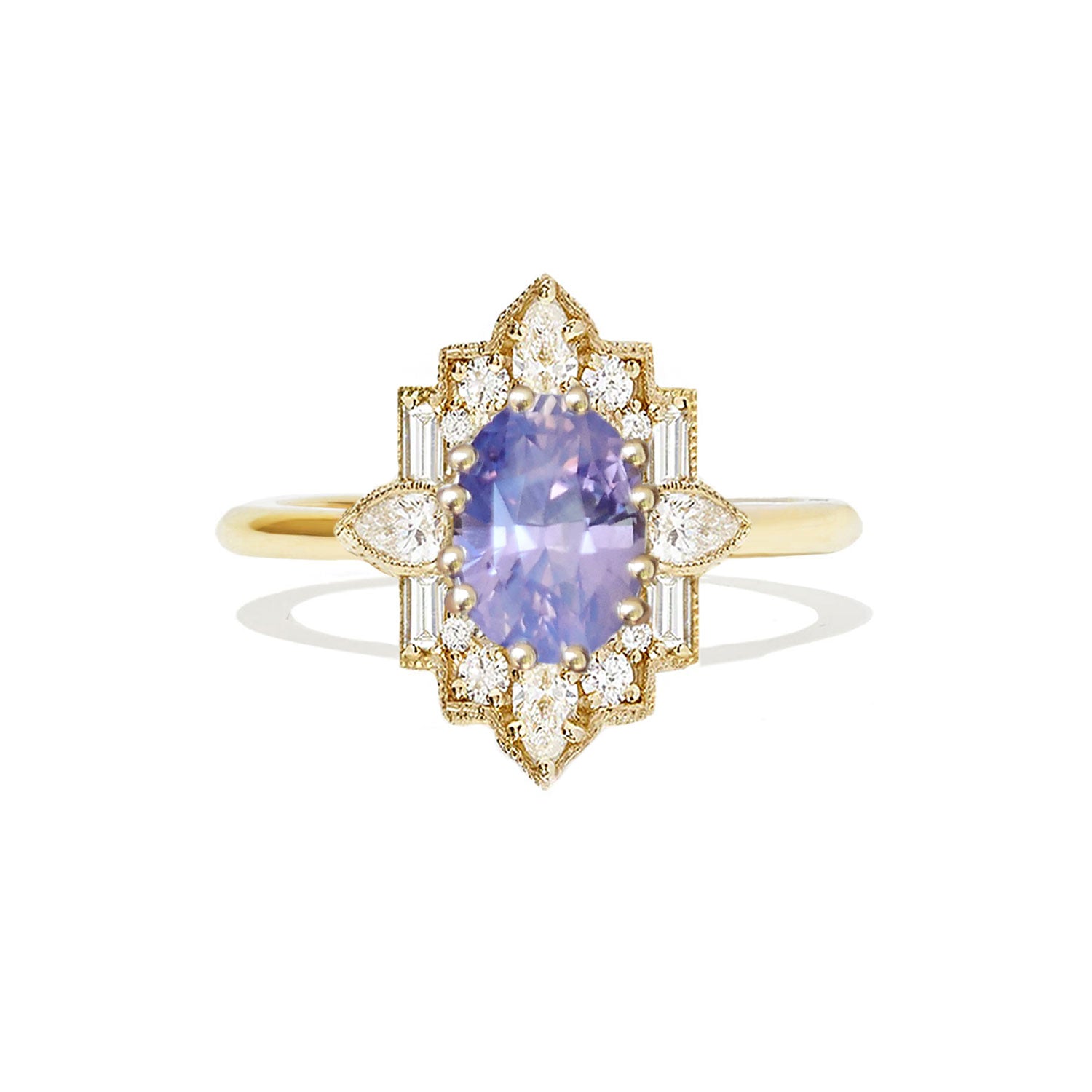 Opalescent Purple Sapphire Deco Emerald & Pear Diamond Mosaic Ring