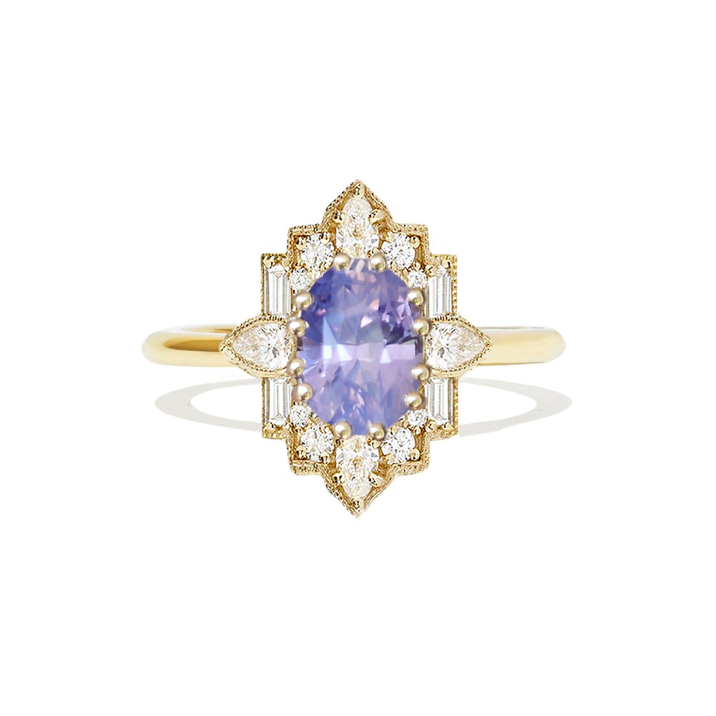 Opalescent Purple Sapphire Deco Emerald & Pear Diamond Mosaic Ring
