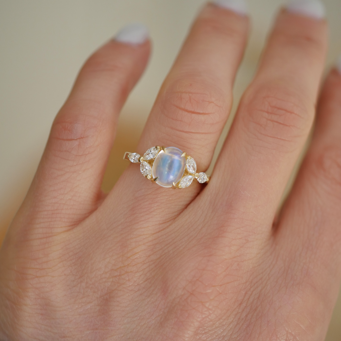 Rainbow Moonstone & Marquise Diamond Ring