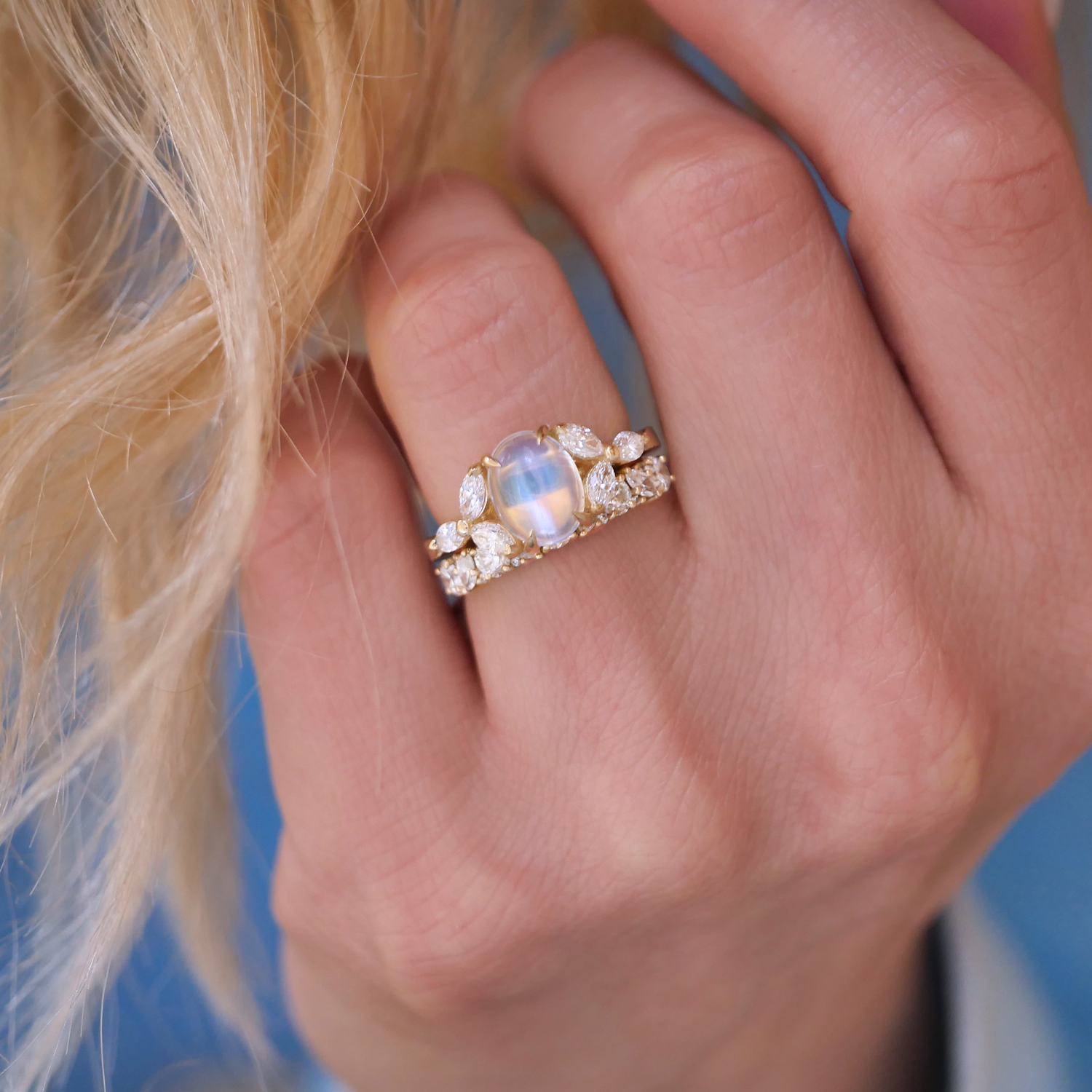 Rainbow Moonstone & Marquise Diamond Ring