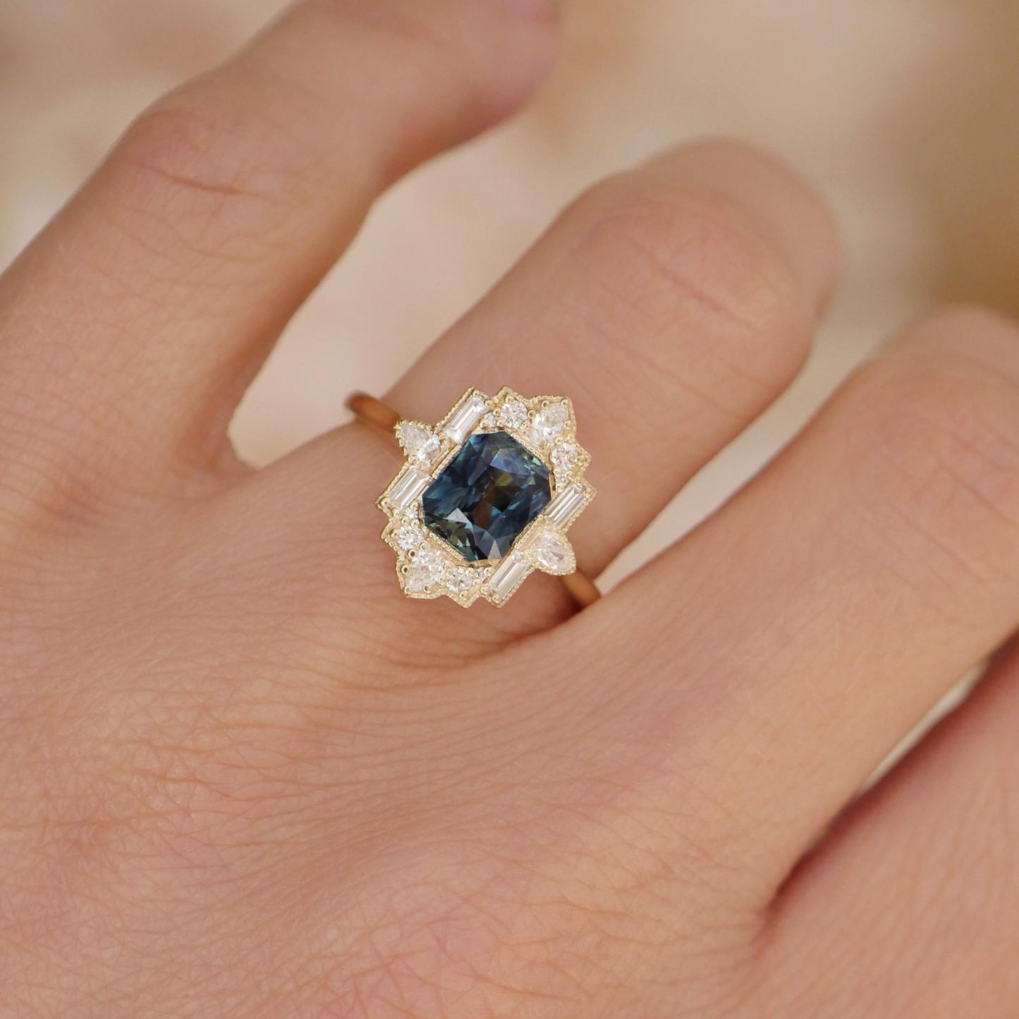 Radiant Teal Sapphire Deco Pear & Emerald Diamond Mosaic Ring