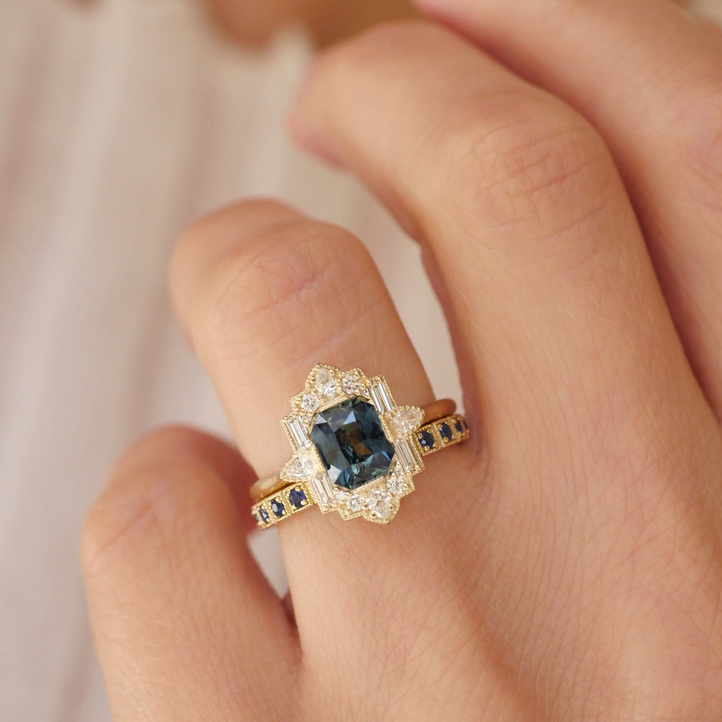 Radiant Teal Sapphire Deco Pear & Emerald Diamond Mosaic Ring