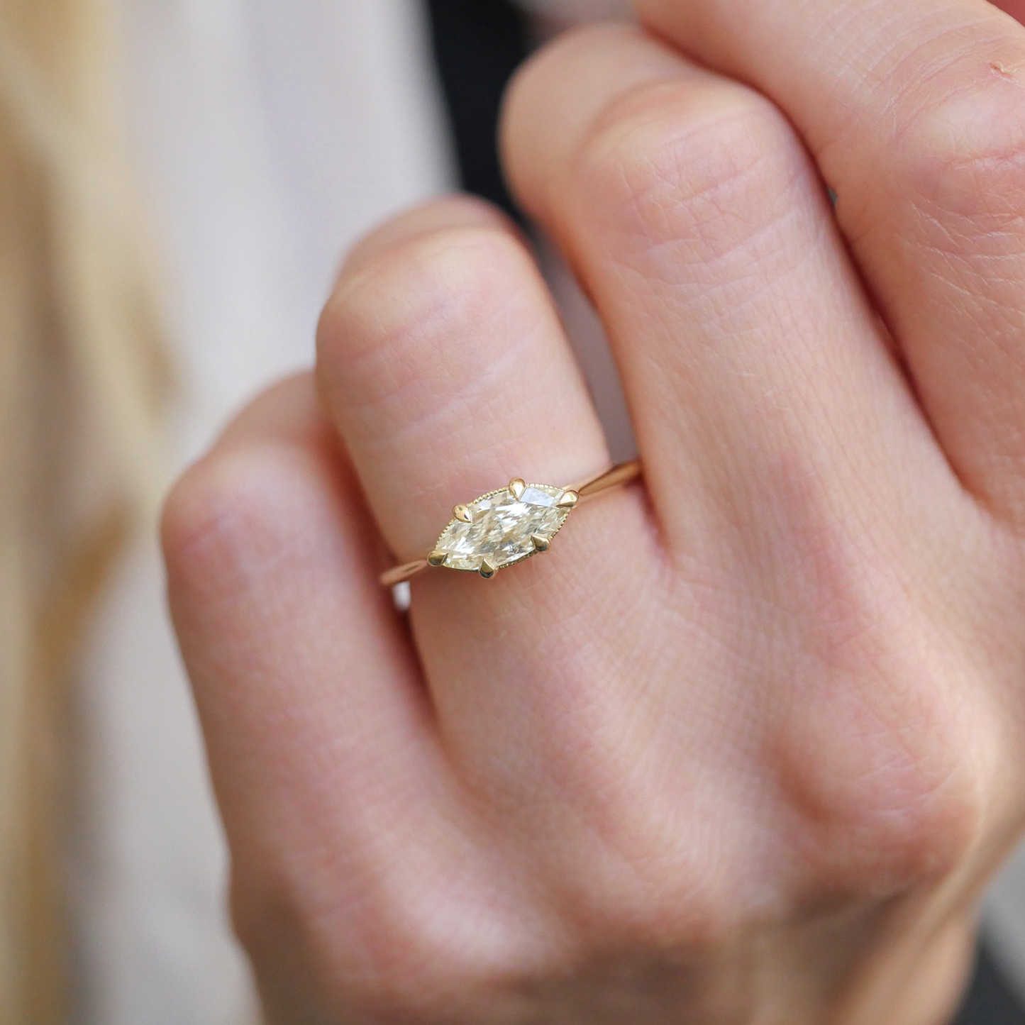 Pale Yellow Marquise Diamond East West Solitaire Ring