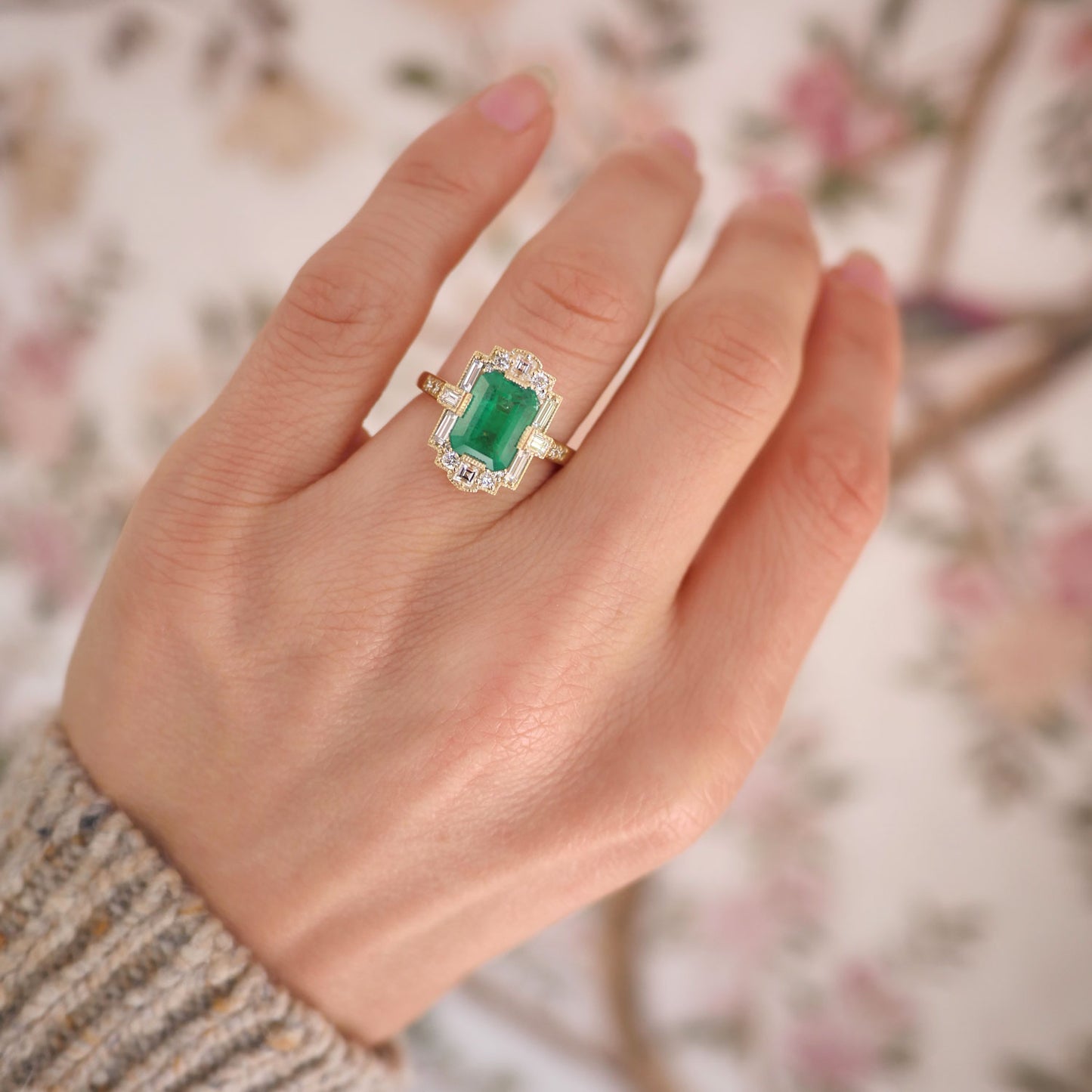 Deco Emerald Cut Emerald Diamond Mosaic Ring