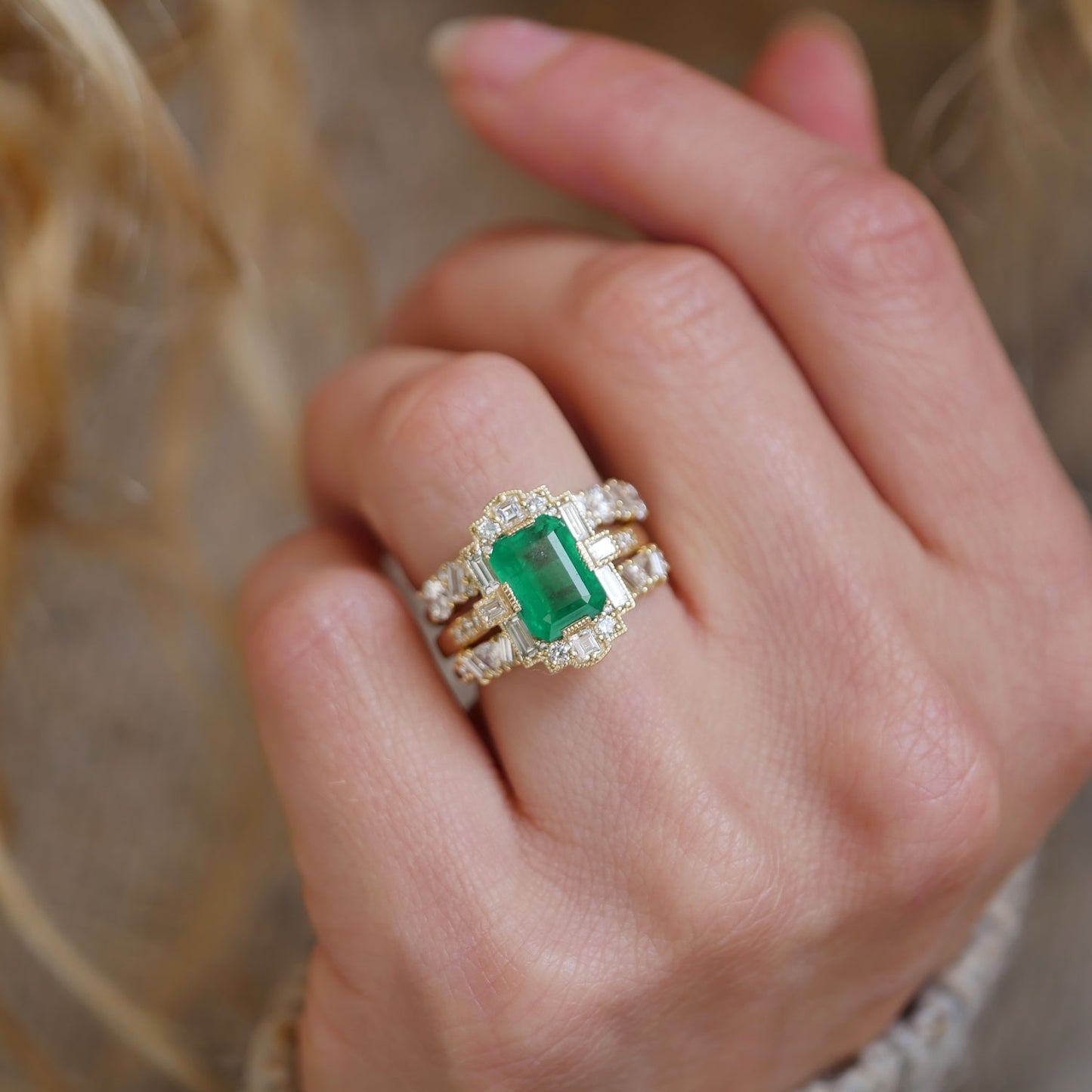 Deco Emerald Cut Emerald Diamond Mosaic Ring