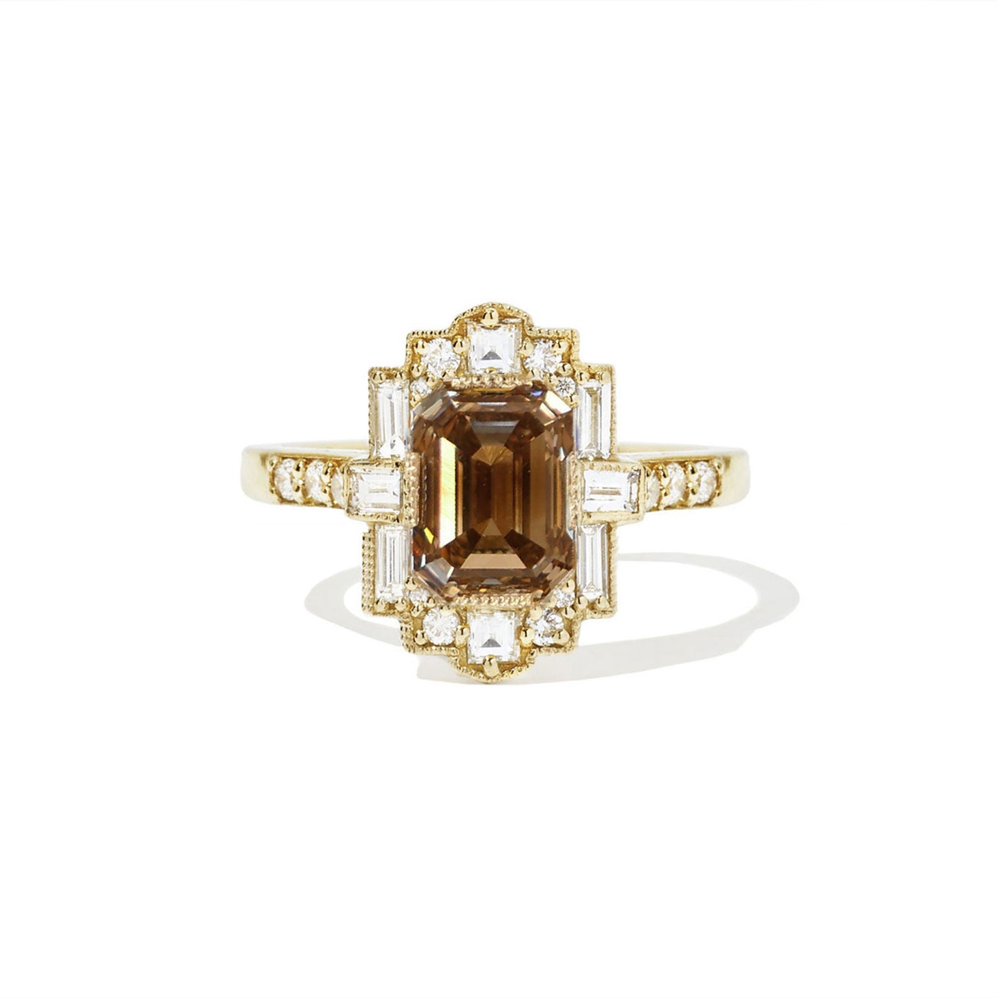 Deco Emerald Cut Champagne Diamond Mosaic Ring