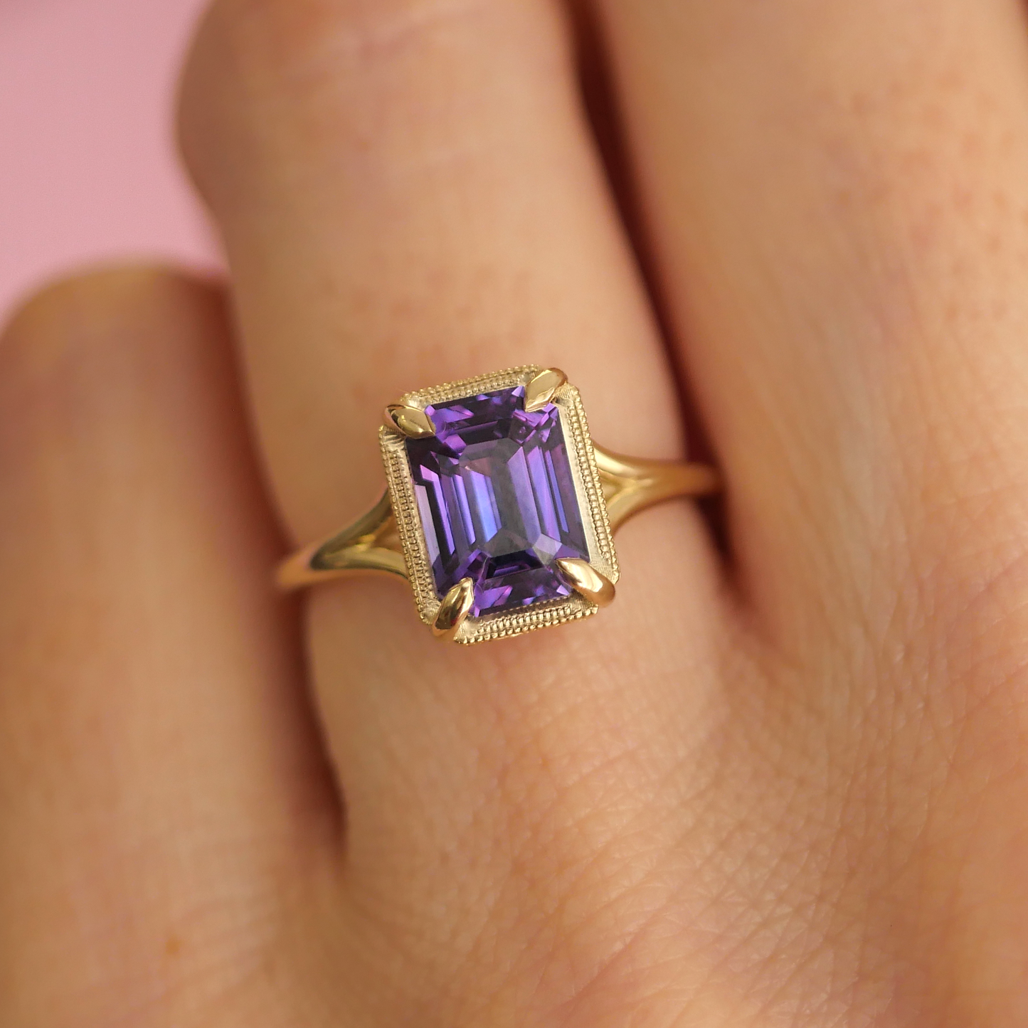 Split Shank Purple Emerald Cut Sapphire Solitaire