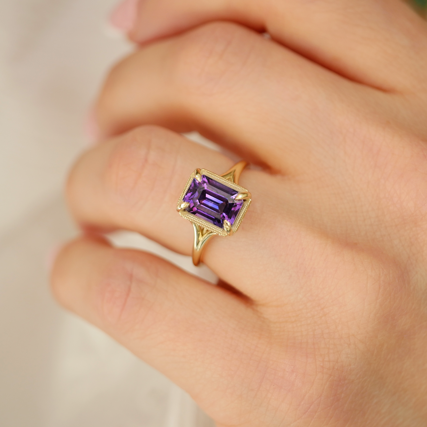 Split Shank Purple Emerald Cut Sapphire Solitaire