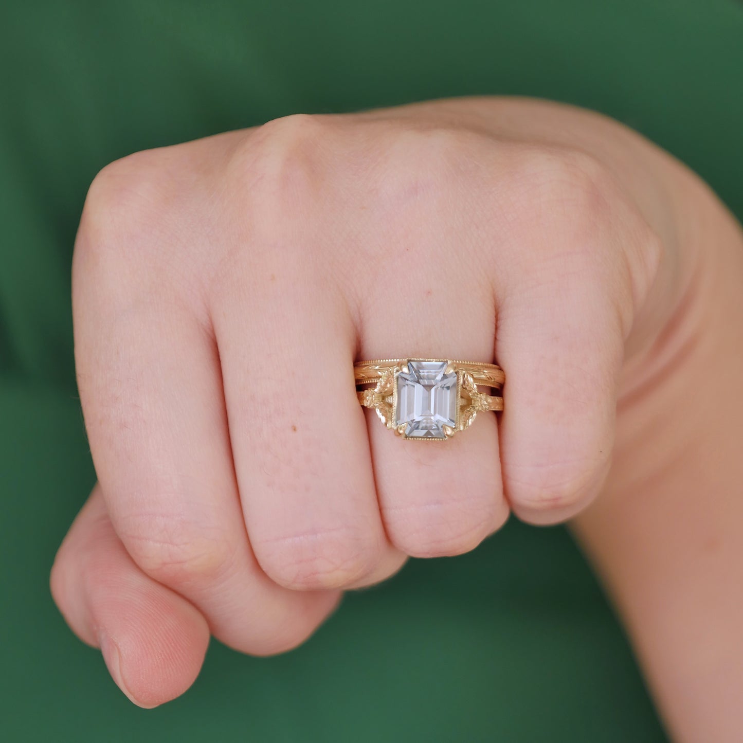 Light Grey Green Sapphire Split Shank Solitaires w/leaves